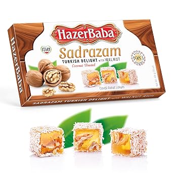 Hazer Baba Turkish Delight Candy, Sadrazam Walnut Coconut Dusted, 16oz Pack of 1, Gourmet Snack Box, Traditional, Vegan Snack, Lokum, Unique Sweets, Loukumi, Delicias Turcas, Halal, Kosher