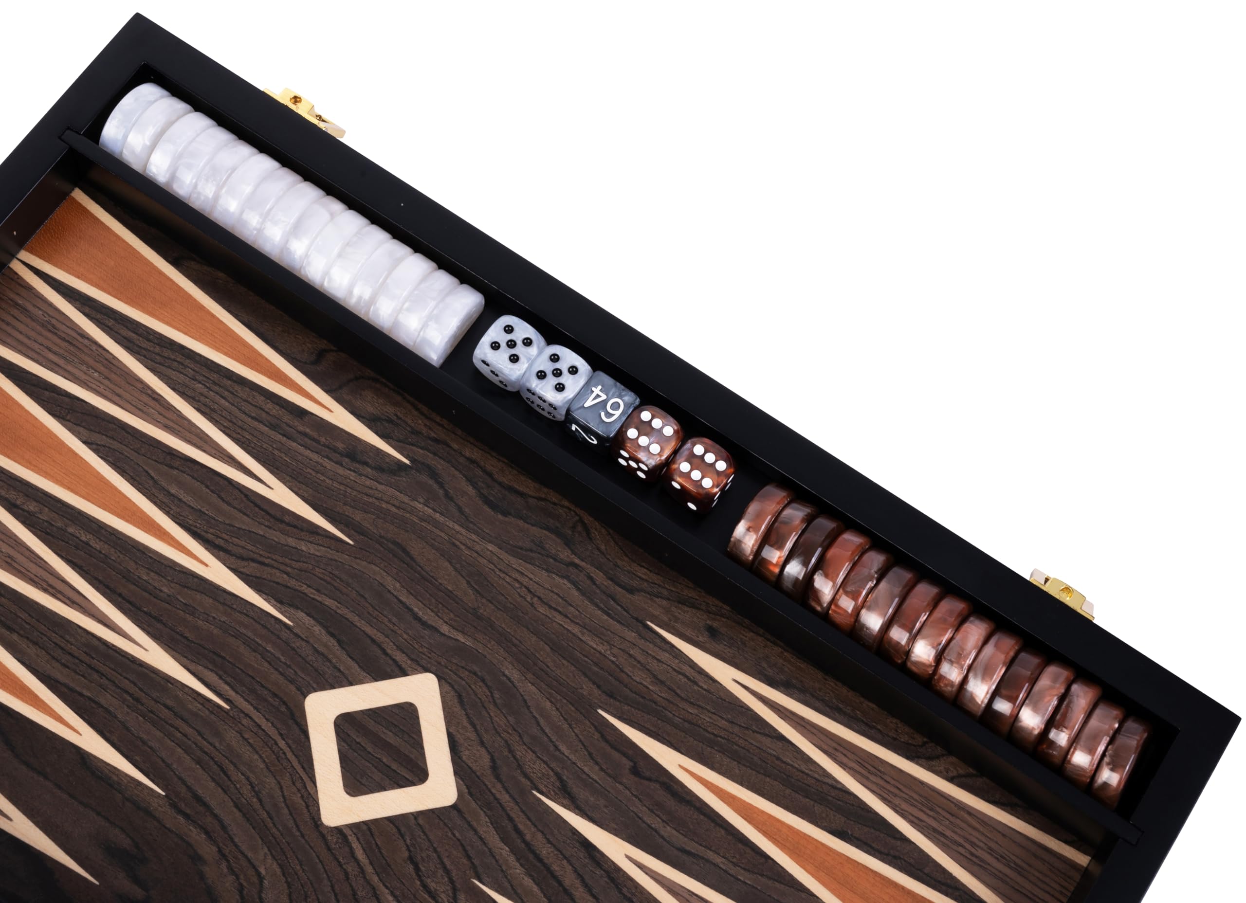 Engelhart - 250547 - Juego de Backgammon de Lujo 18” con Chapa de Nogal barnizada, Cierre metálico, Dados y fichas nacaradas, Vasos de Madera, 2 Jugadores, Reglas Incluidas, Desde 6 años