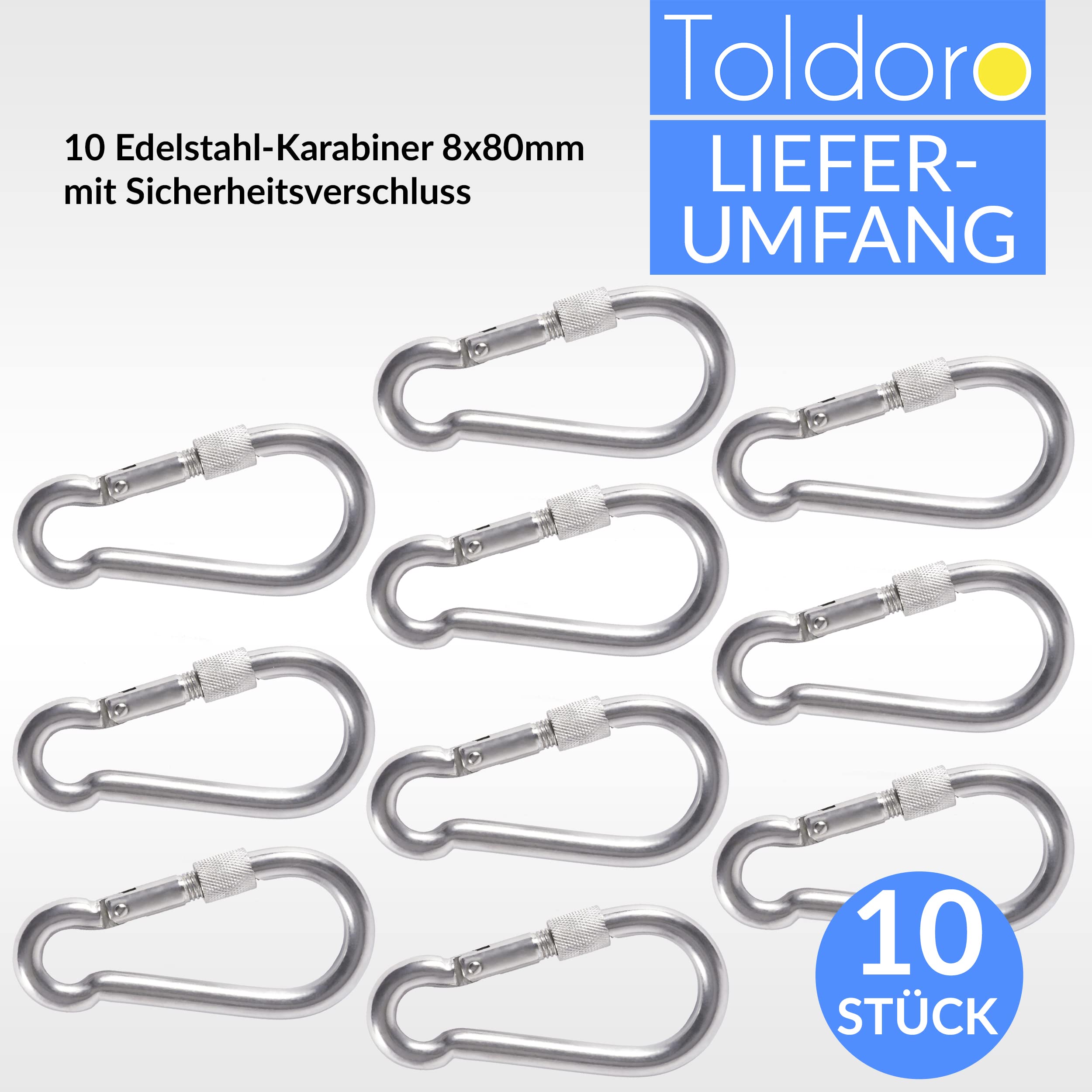Toldoro® 10x Edelstahl Karabiner mit Schraubverschluss 80mm Rostfrei - NIRO AISI 316 V4A / Karabinerhaken Klein für Schaukel, Hängematte oder Sonnensegel/Schraubkarabiner, Bruchlast 640kg