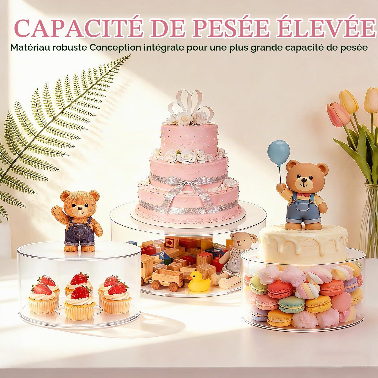 Présentoir à Gâteau 3 Etages en Acrylique, Plateau à Gâteaux Rond Transparent Remplissable avec 3 Bandes Lumineuses LED (Piles Non incluses) Boîtes de présentation empilables pour Mariages, Fête