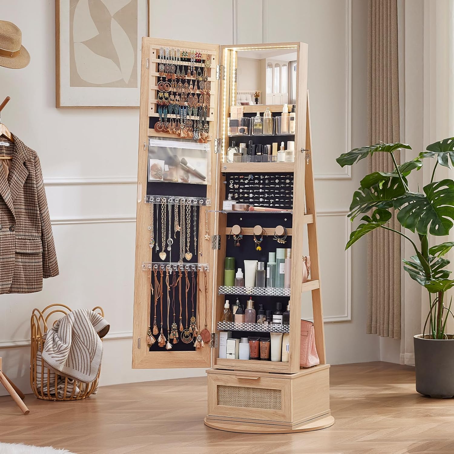 Rattan 360° Swivel Jewelry Armoire Cabinet Standing with Full Length Mirror, Lockable Jewelry Organizers and Drawer Storage with 3 Color LED Lights & Interior Mirror Rear Storage Shelves Natural Wood Rattan