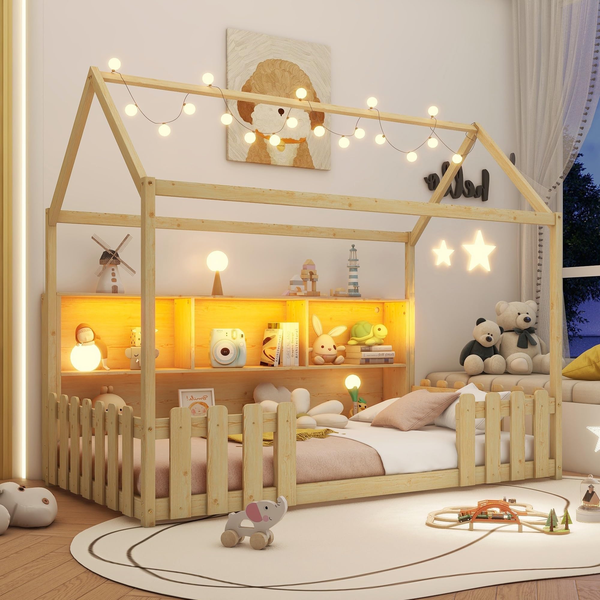 Duxelifin Twin House Bed for Kids with LED Light, Wood Kids Bed Frame with Storage Bookshelf, Montessori Floor Bed with Storage & Roof, Child Twin