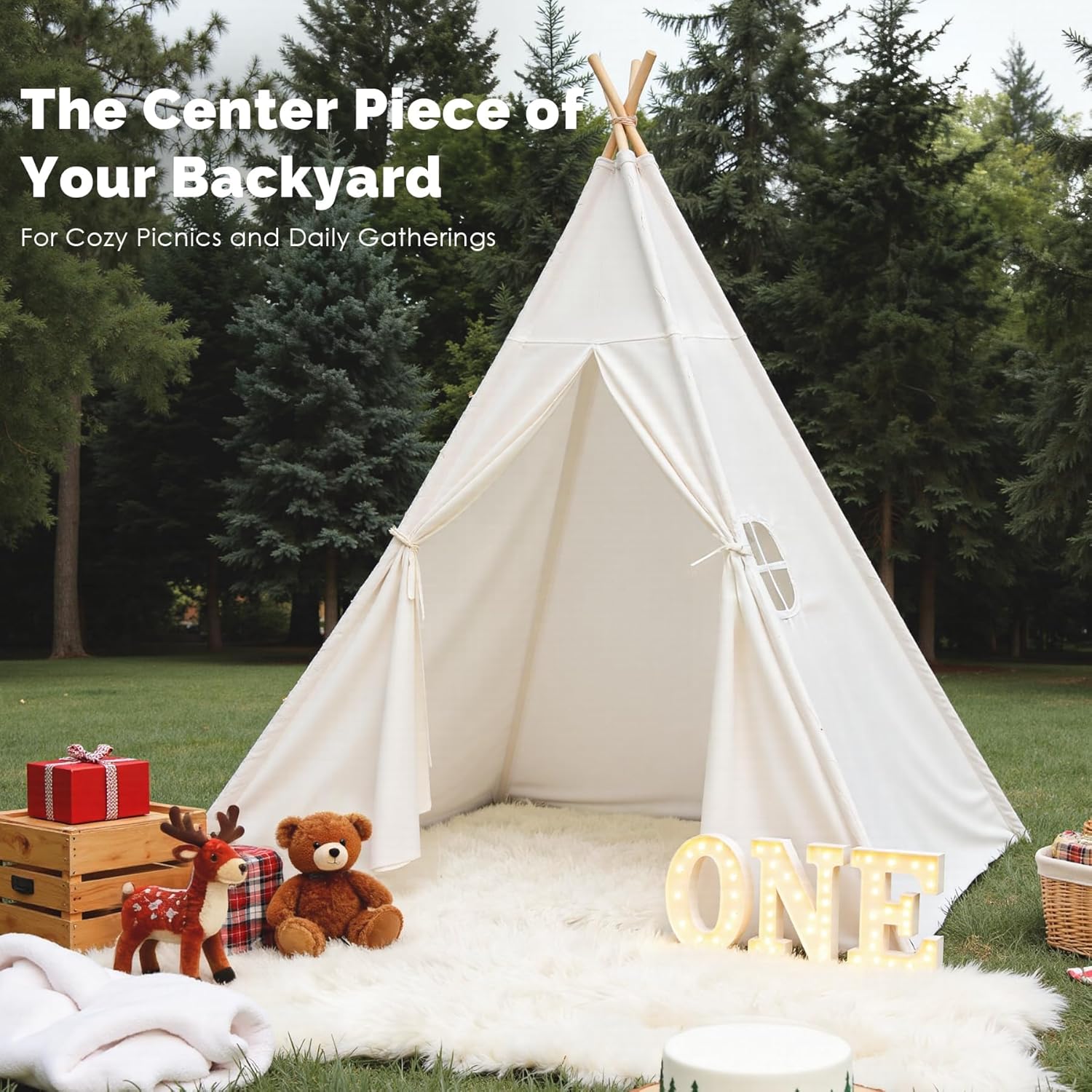 Sumbababy Teepee Tent for Kids, Cotton Canvas Indoor Play Tent, Foldable Toddler Sleepover Tents for Girls & Boys Slumber Party, Washable Gift Set with Star Lights, Banner & Carry Bag