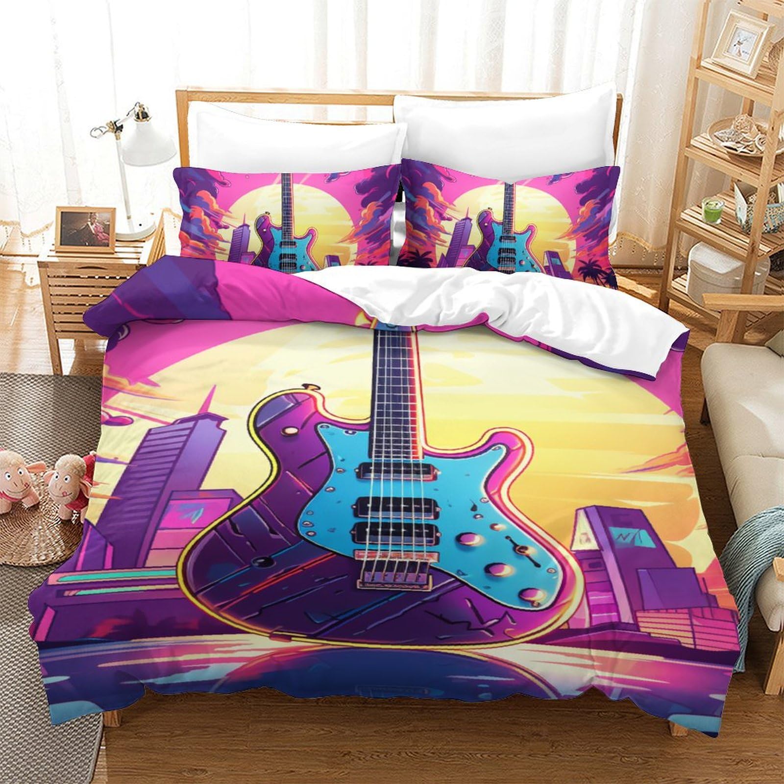 Housse couette guitare 3D 140x200 antibactérienne avec 2 taies d'oreiller enfant