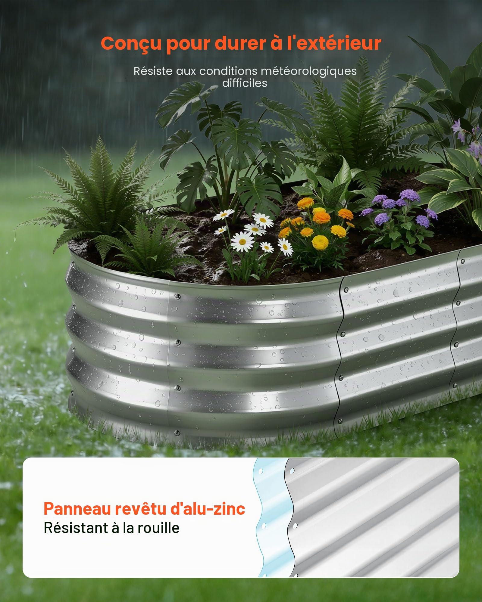 VEVOR Potager Surélevé Métal 120x60x30 cm Carré Potager Surélevé Lot de 2 Lit de Jardin Ovale pour Extérieur Culture Fruits Légumes Fleurs, Fond Ouvert, Galvanisé Aluminium-Zinc, avec Gants, Argenté
