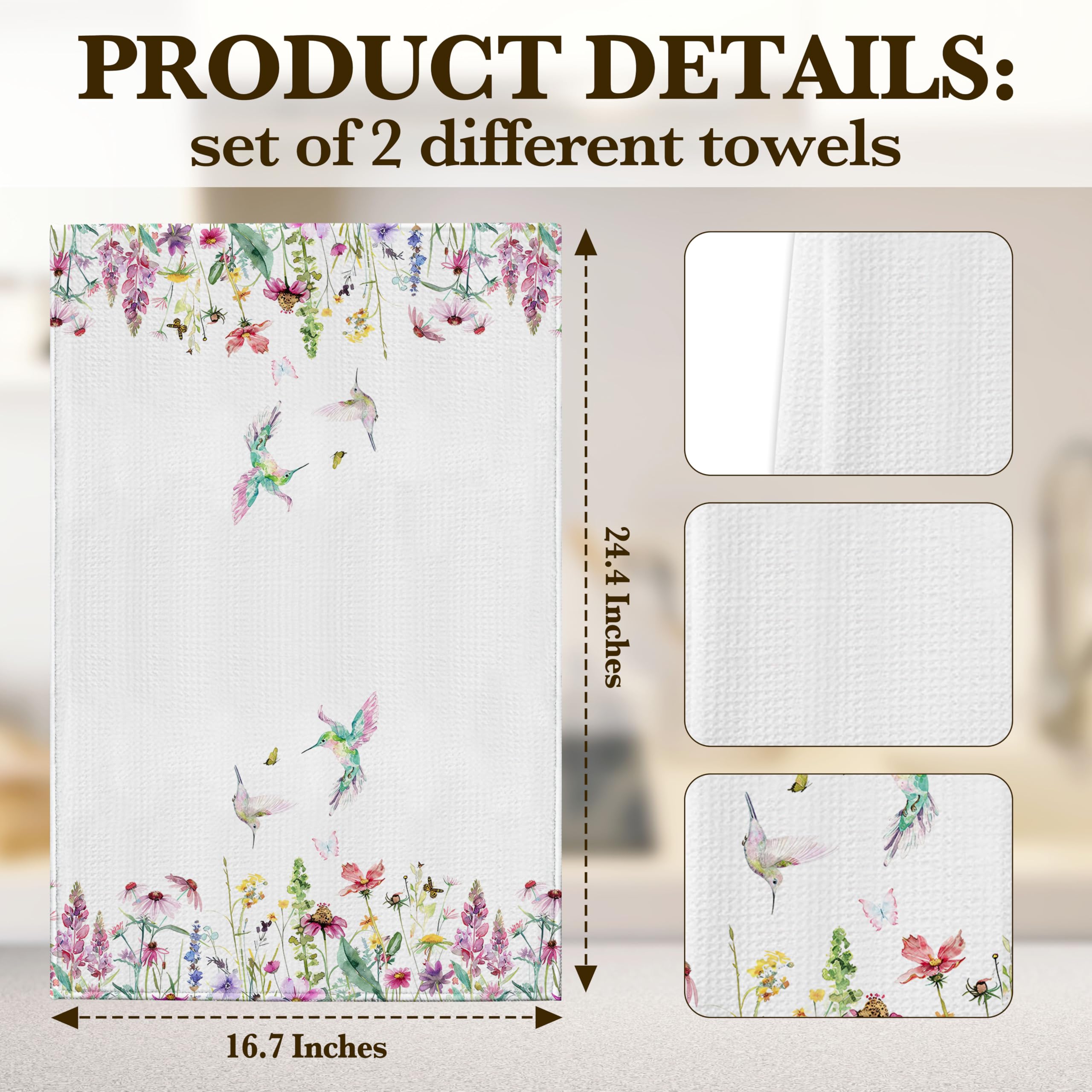 DETIHO Juego de 2 toallas de cocina, suaves y absorbentes, para cocina, paños decorativos florales para secar platos, regalos de colibrí para mujeres, toallas reutilizables y de secado rápido (B09