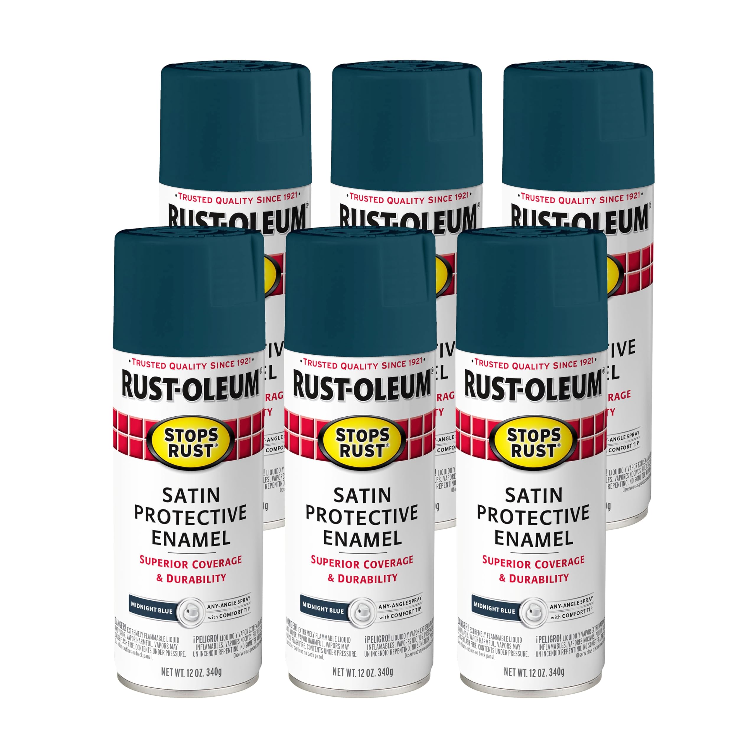 Rust-Oleum Stops Rust Spray Paint, Satin Midnight Blue | Rust Resistant, Indoor and Outdoor, Beautiful Finish on Metal, Wood and More, Sprays from Any Angle, 12 oz, 6 Pack