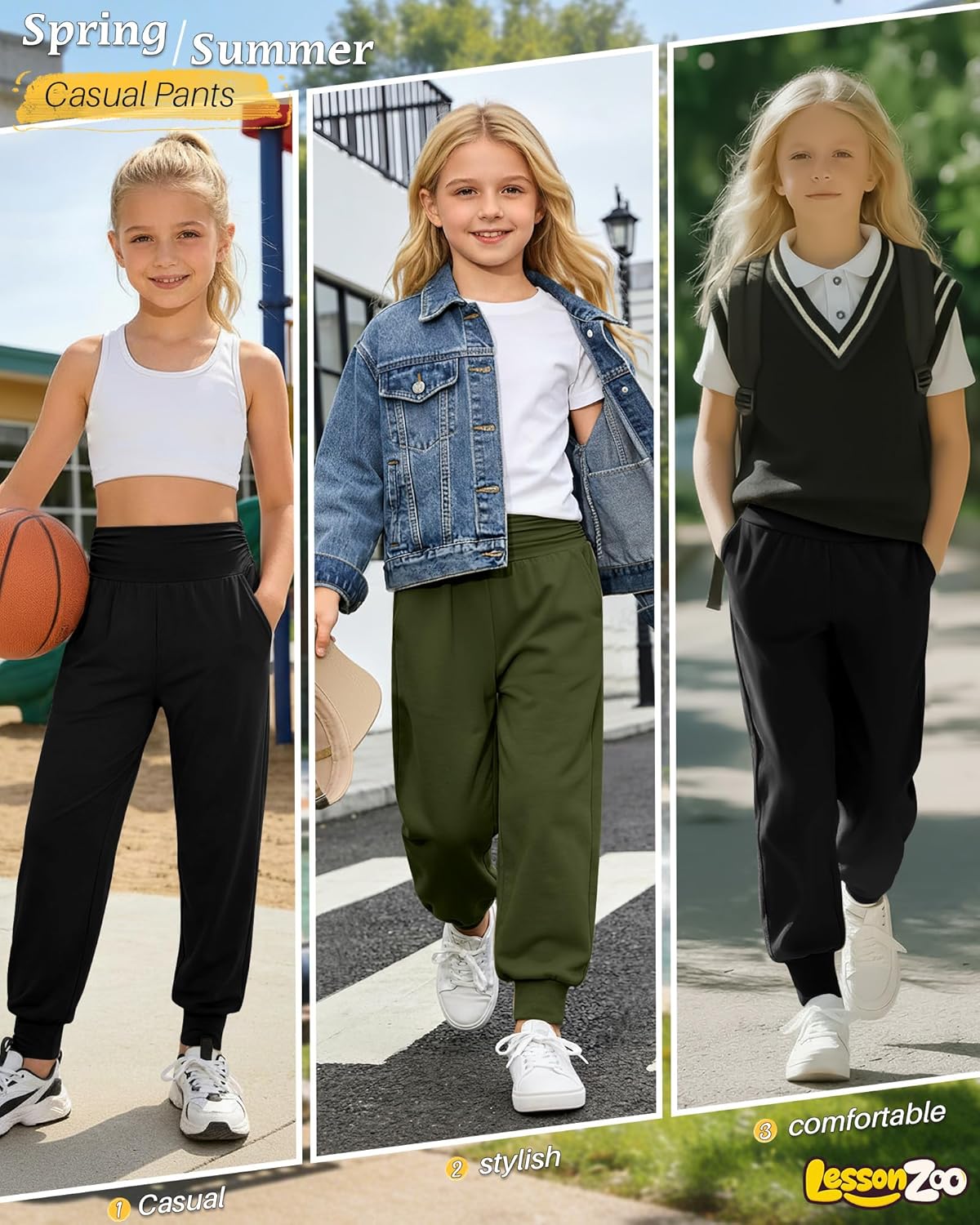 2 Pack Girls' Joggers with Pockets Lightweight Workout Sweatpants High Waisted Lounge Pants Soft Athletic Yoga Pant - Image 3