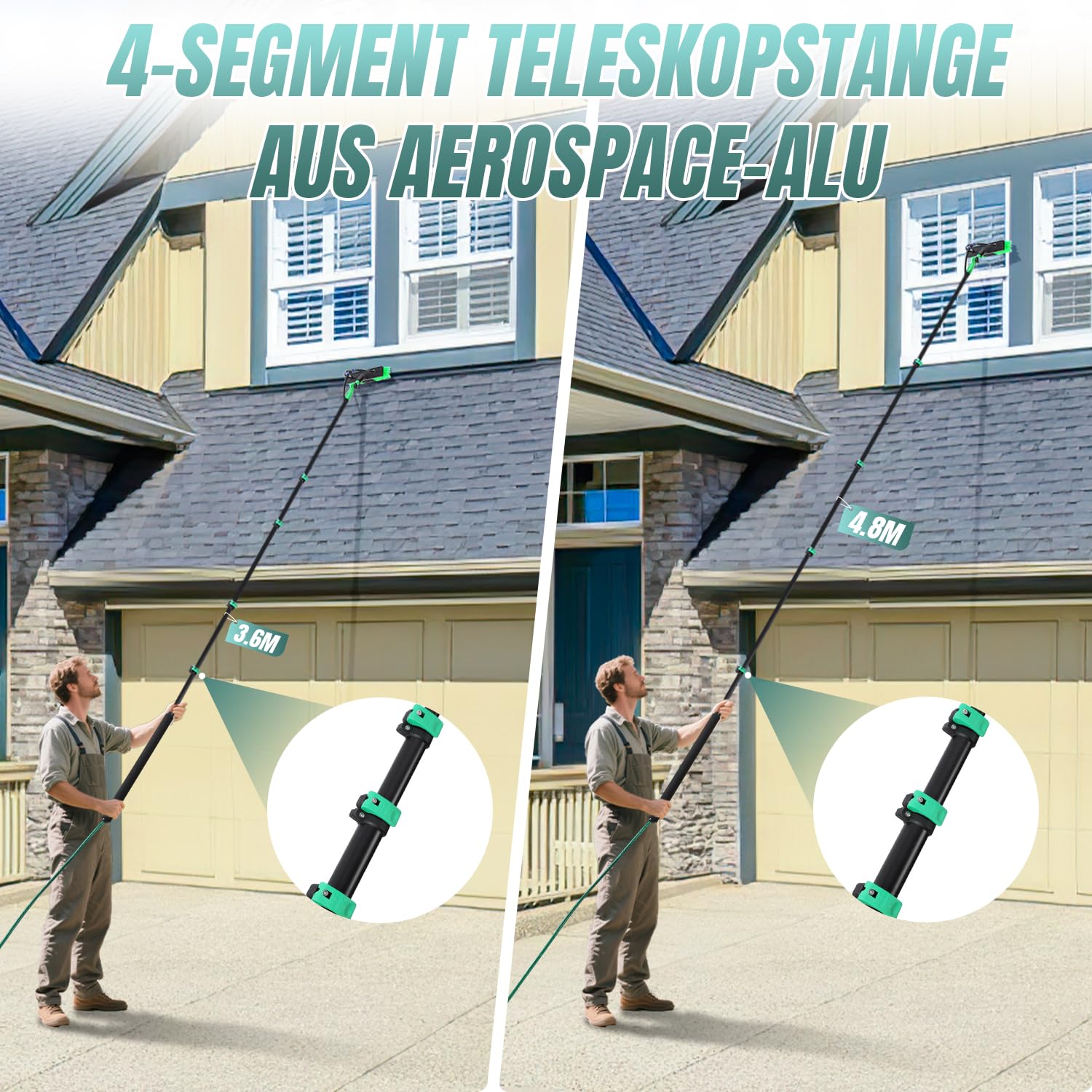 Sonnewelt Cepillo de lavado telescópico de 3,6 m, cepillo de lavado con mango telescópico, limpiador de tejado de terraza, cepillo telescópico con conexión de agua, set de limpieza para PV y limpieza