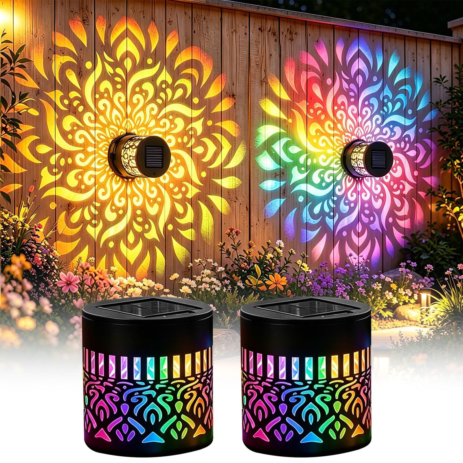 Solar Mandala Wall Lights, 2Pcs Solar Garden Lights 7-Color Fence Lights