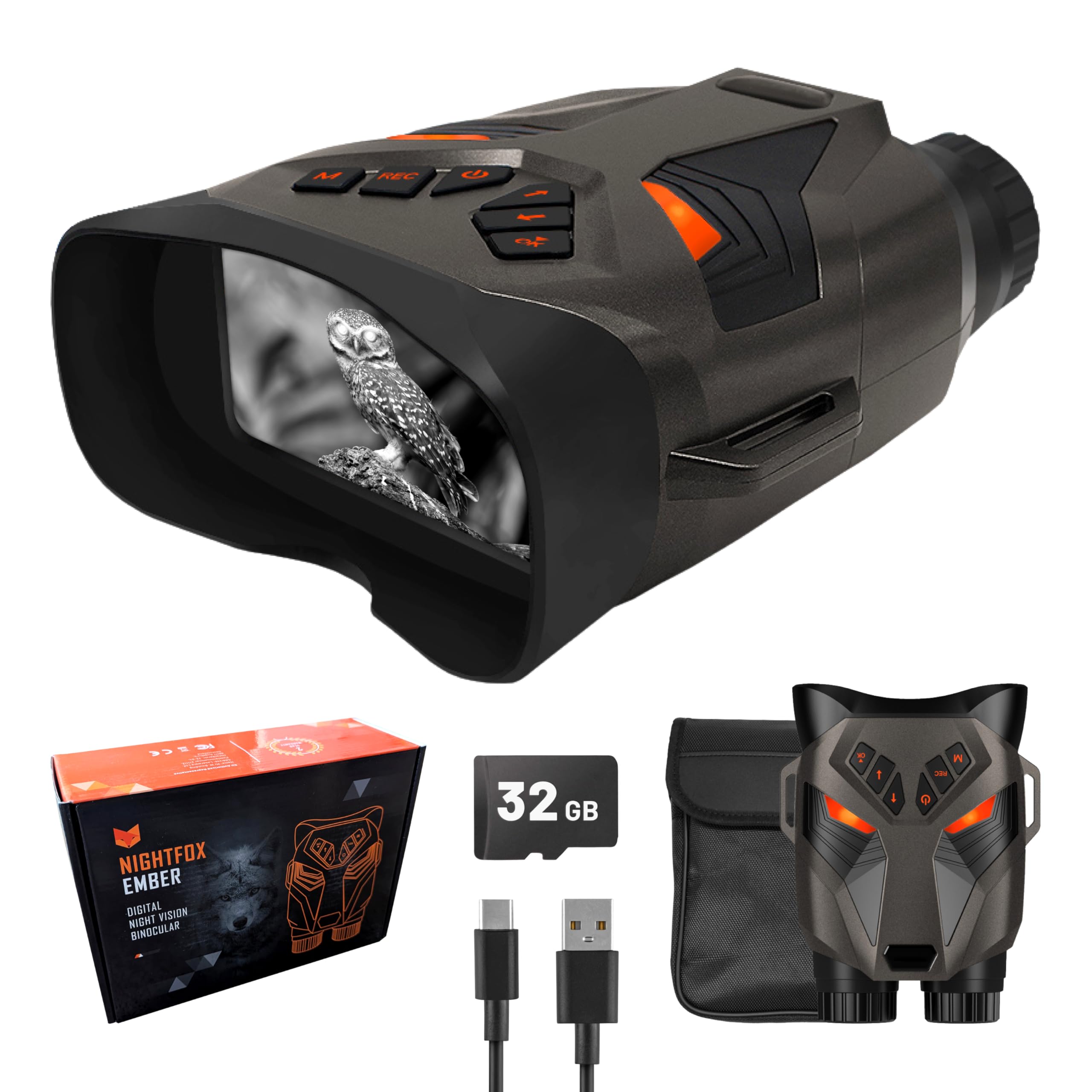 Nightfox Ember - Gafas de visión nocturna por infrarrojos, fáciles de usar, pantalla grande, zoom 4x, alcance de 250 m, video 4K, binoculares NVG para vida silvestre, camping