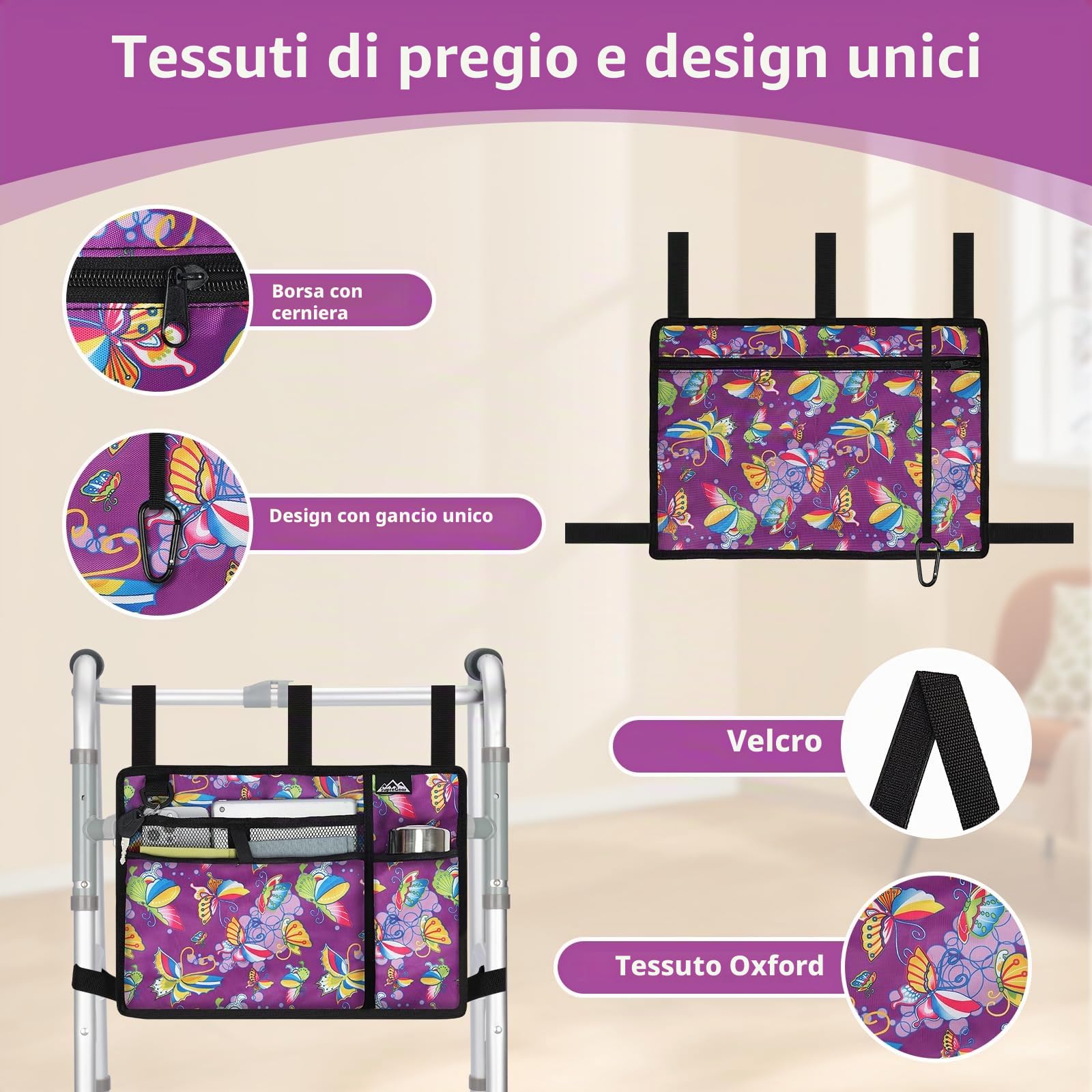 supregear Borsa per Sedia a Rotelle con Portabicchieri, Borsa per Girello Resistente All'acqua Cestino Accessori per Camminatore Pieghevole per Sedie a Rotelle, Deambulatori, Scooter (Farfalla Viola)