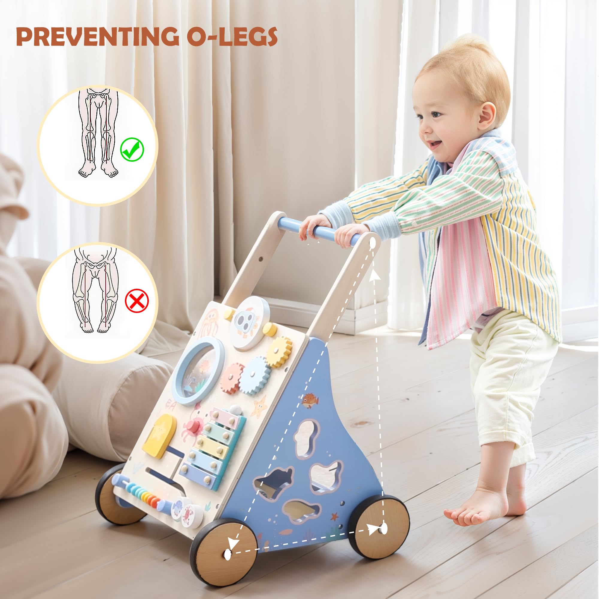 Lauflernwagen Holz, Ozean Baby Lauflernhilfe mit Multifunktional Montessori Spielzeug, Holzspielzeug mit Rädern und Stauraum, Baby Walker Geschenk für Jungen und Mädchen