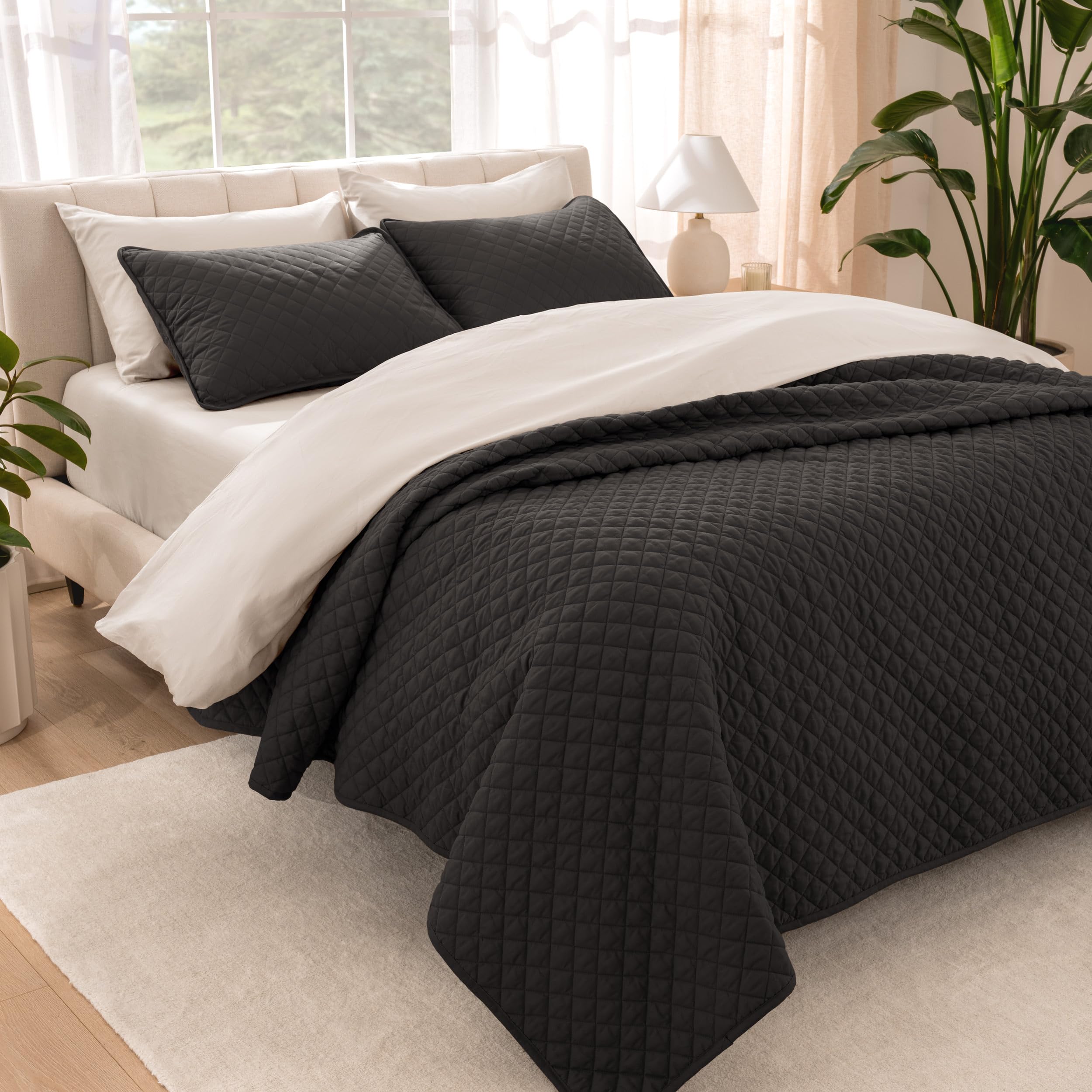 Bare Home Coverlet Set - Full/Queen - Lightweight Bed Decor - Comforter Alternative - All-Season Quilted Bedspread (Full/Queen, Black)