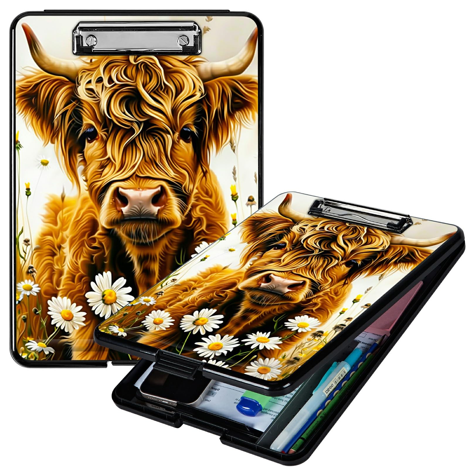 RWUTYTIUL Flower Yellow Cow A4 Clipboard with Storage Pen Holder, Clipboards Organizer Nursing Clipboard Foldable File Folder Plastic Clipboard Folio Clip Board for Office Students Classroom Doctor