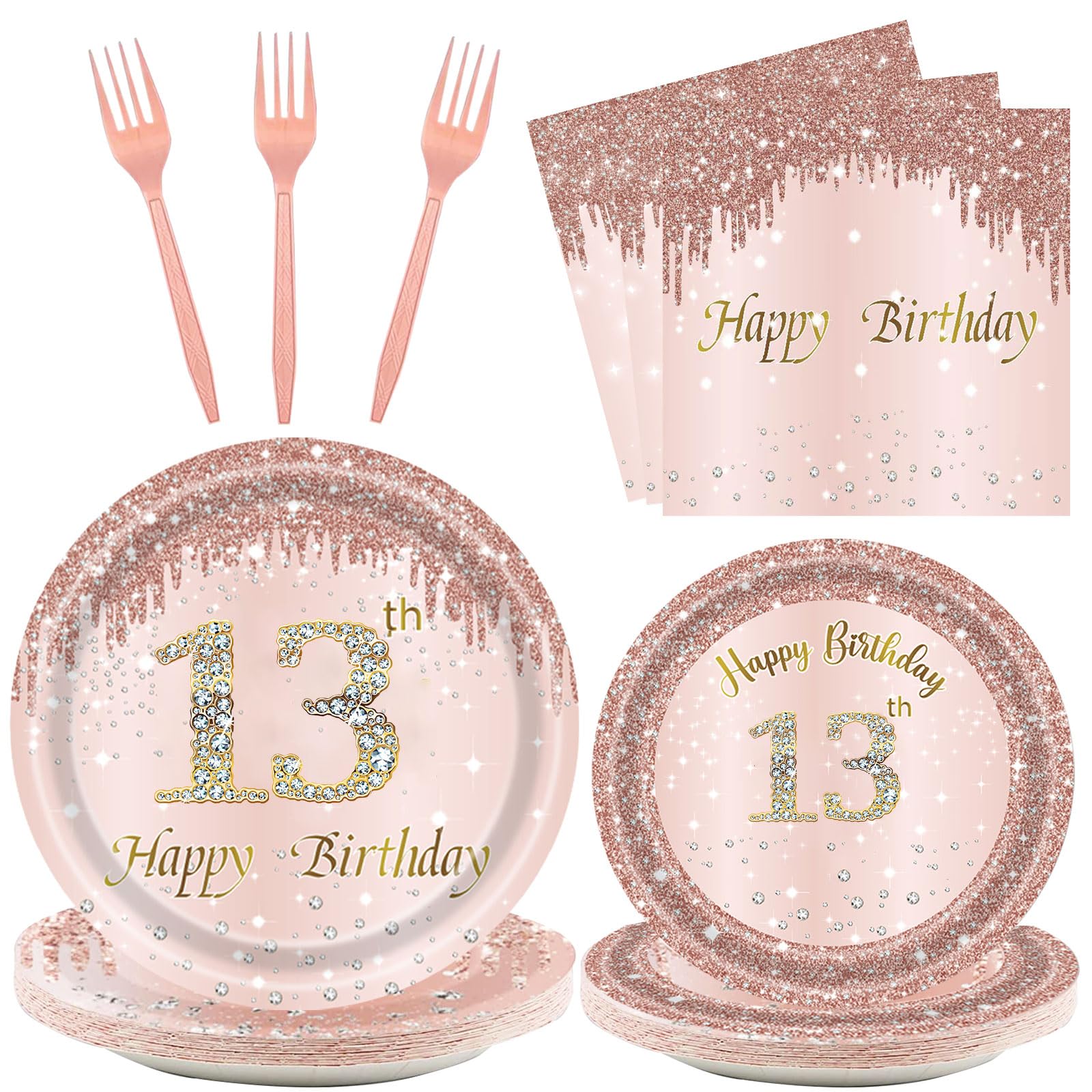 24 Sets 13th Rose Gold Birthday Party Decrations for Girls 13 Birthday Plates and Napkins Forks Party Supplies for 13 Year Old Disposable Pink Gold
