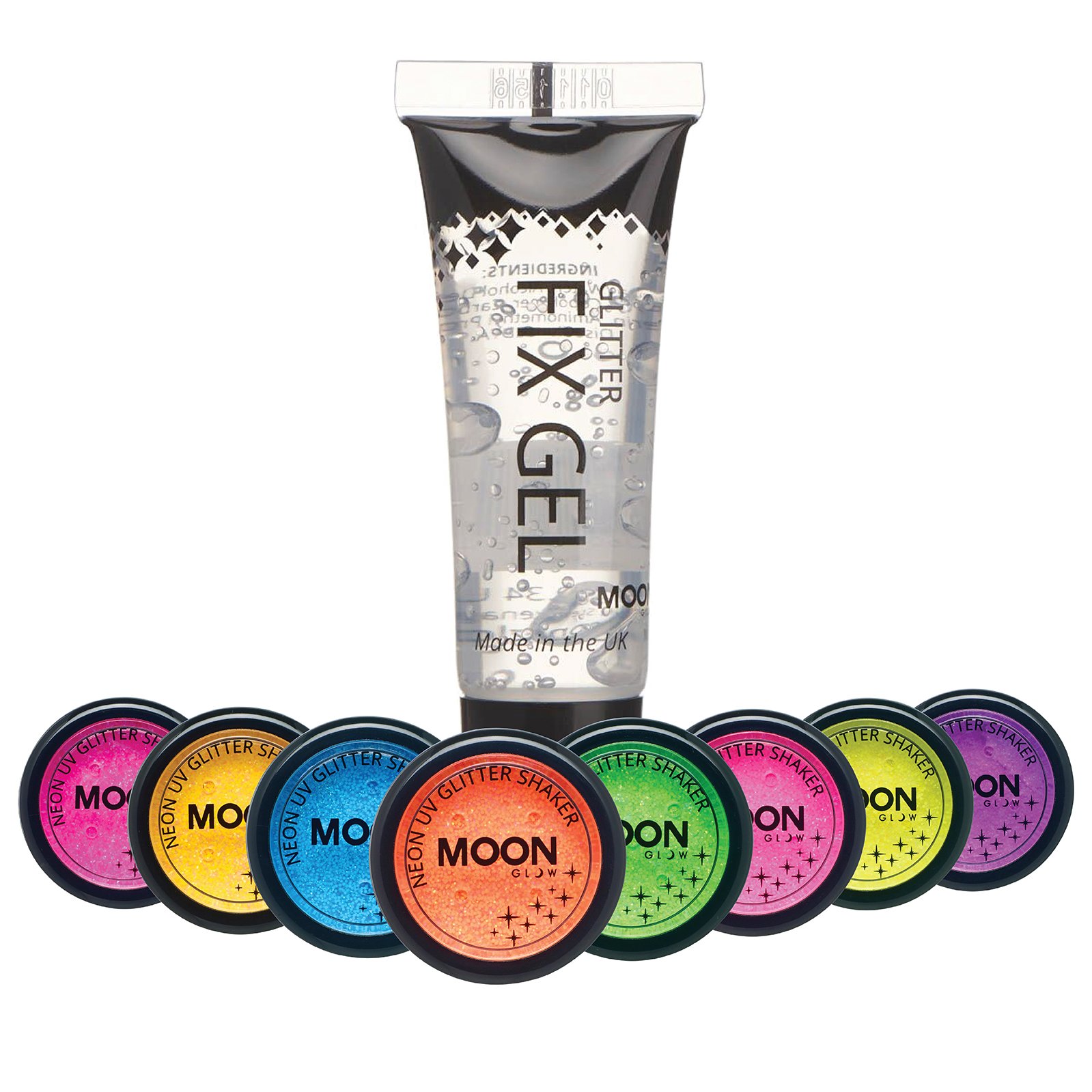 Moon Glow Agitador de purpurina UV de neón 5 g, juego de 8 + gel fijador de purpurina - ¡Brilla intensamente bajo la luz UV!