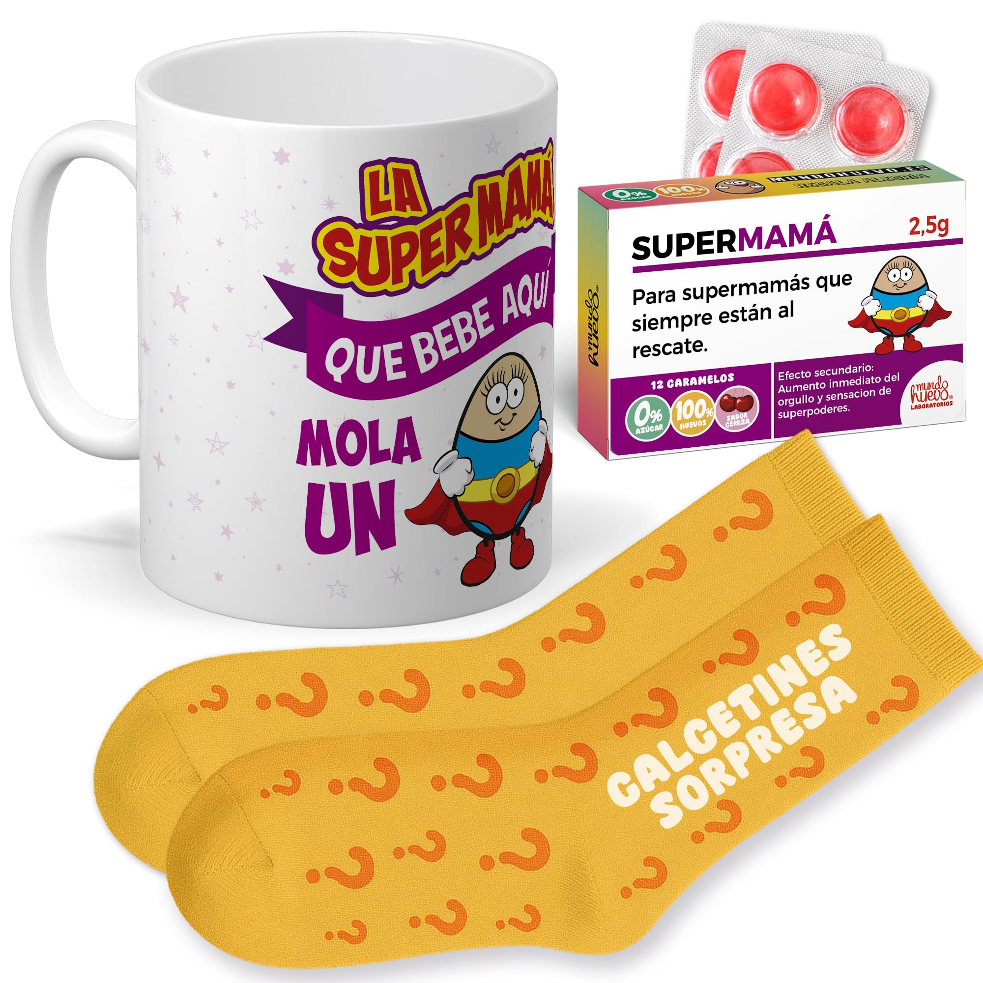 mundohuevo Regalo para el día de la Madre | Taza de Cerámica + Calcetín Sorpresa + Caramelos SuperMama | Super Mamá que bebe aquí Mola | Detalle Original