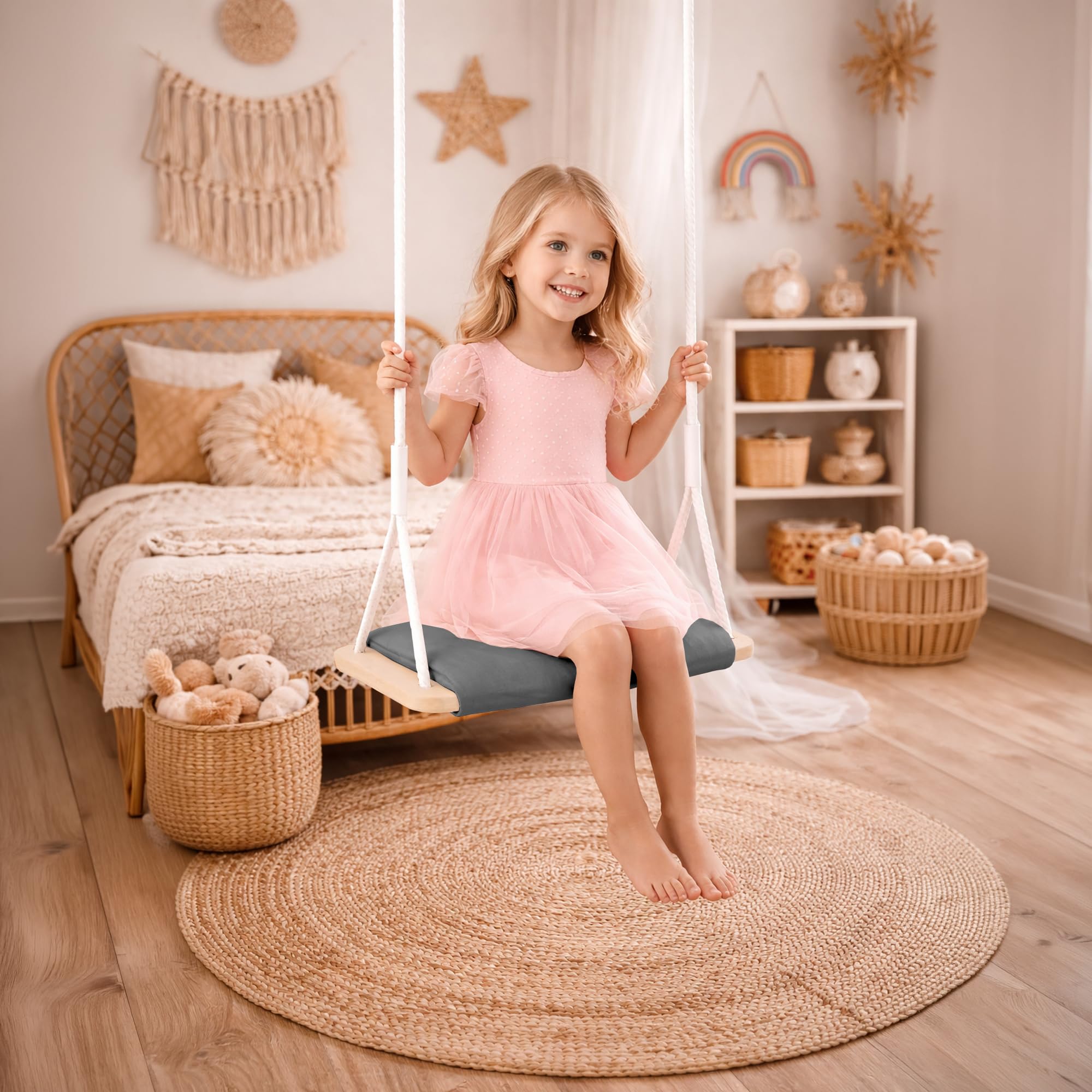 MAMOI® Drewniana huśtawka z poduszką Velvet, drewniane siedzisko do użytku wewnątrz i na zewnątrz, regulowane liny bawełniane, do 100 kg, wyprodukowano w UE
