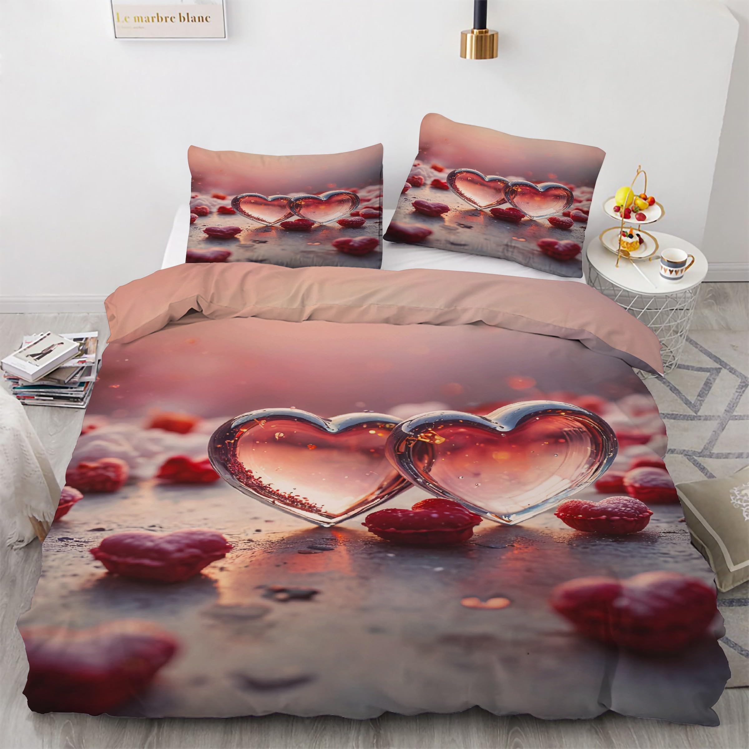 Housse de couette 200x200 rouge Coeur De Cristal avec 2 taies d'oreiller