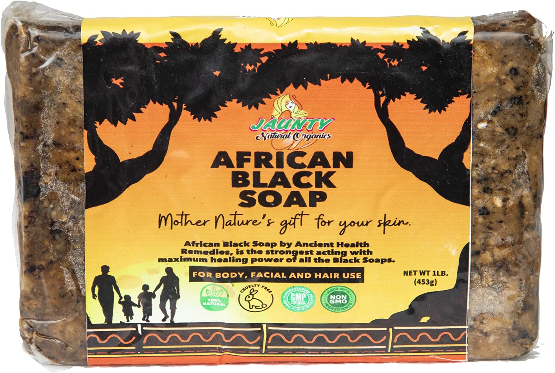 Jaunty Organics Raw Premium African Black Soap | 100% Natural Bar Soap for Body, Face and Hair | Acne Cleanser and reduces the appearance of Dark Spot | Fragrance Free | For all Skin-Types (1lb)