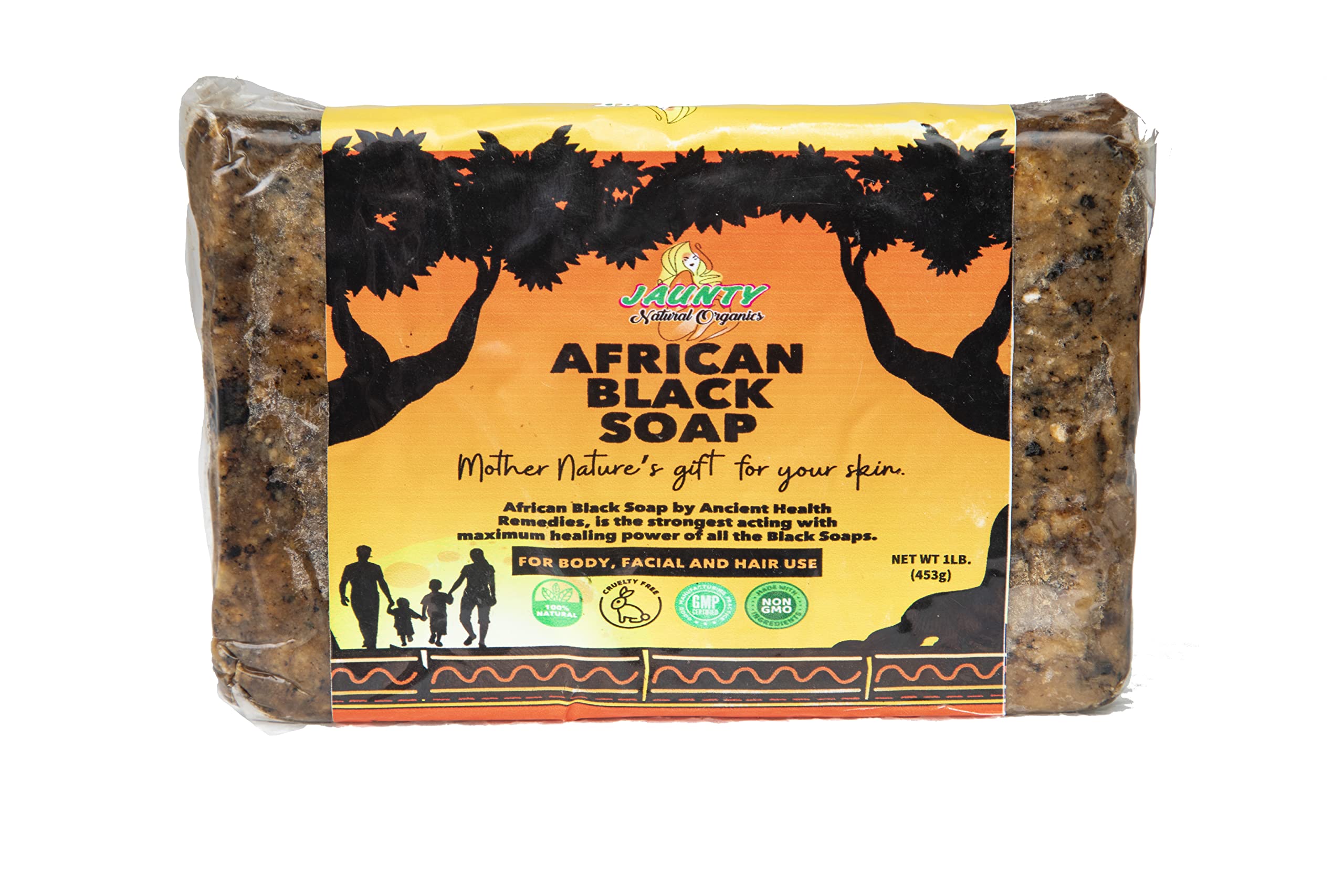 Jaunty Organics Raw Premium African Black Soap | 100% Natural Bar Soap for Body, Face and Hair | Acne Cleanser and reduces the appearance of Dark Spot | Fragrance Free | For all Skin-Types (1lb)