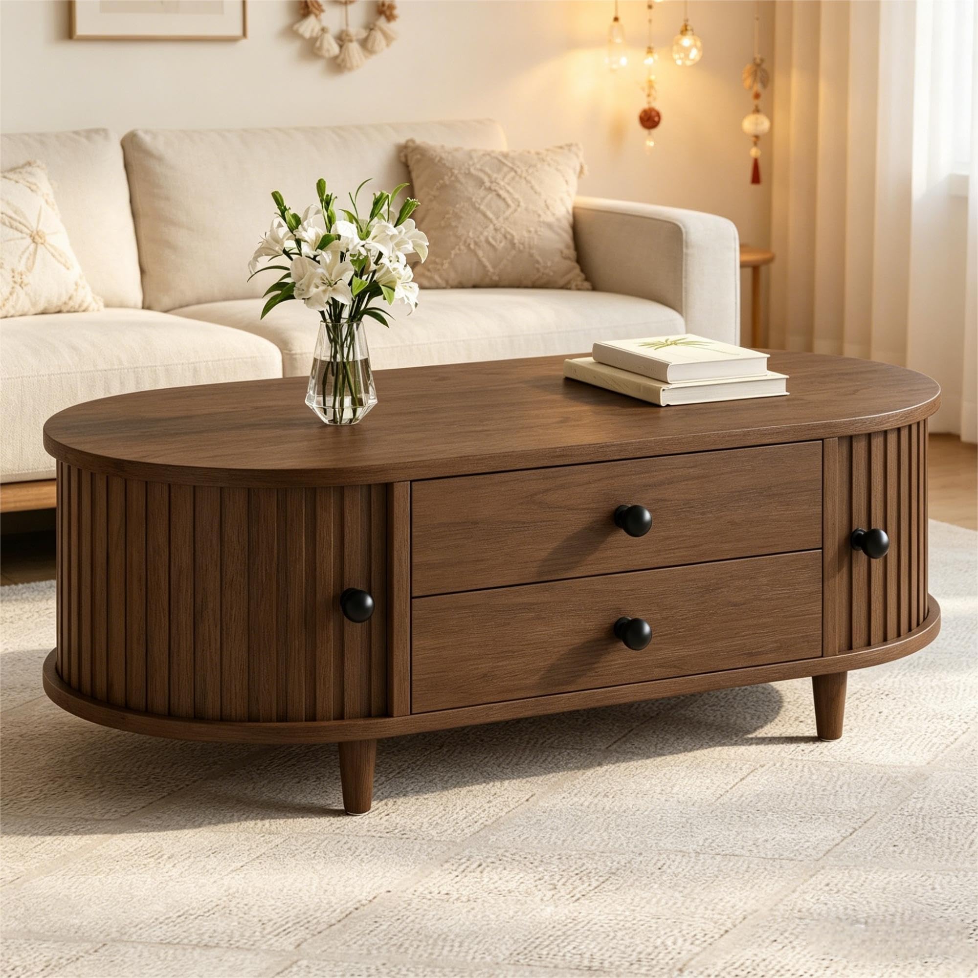 Merax Oval Coffee Table with Storage & Sliding Doors, Walnut Wood MDF Sofa Side Table with Rounded Corners, Modern Center Table with Central Storage for Living Room (100x50x36cm)