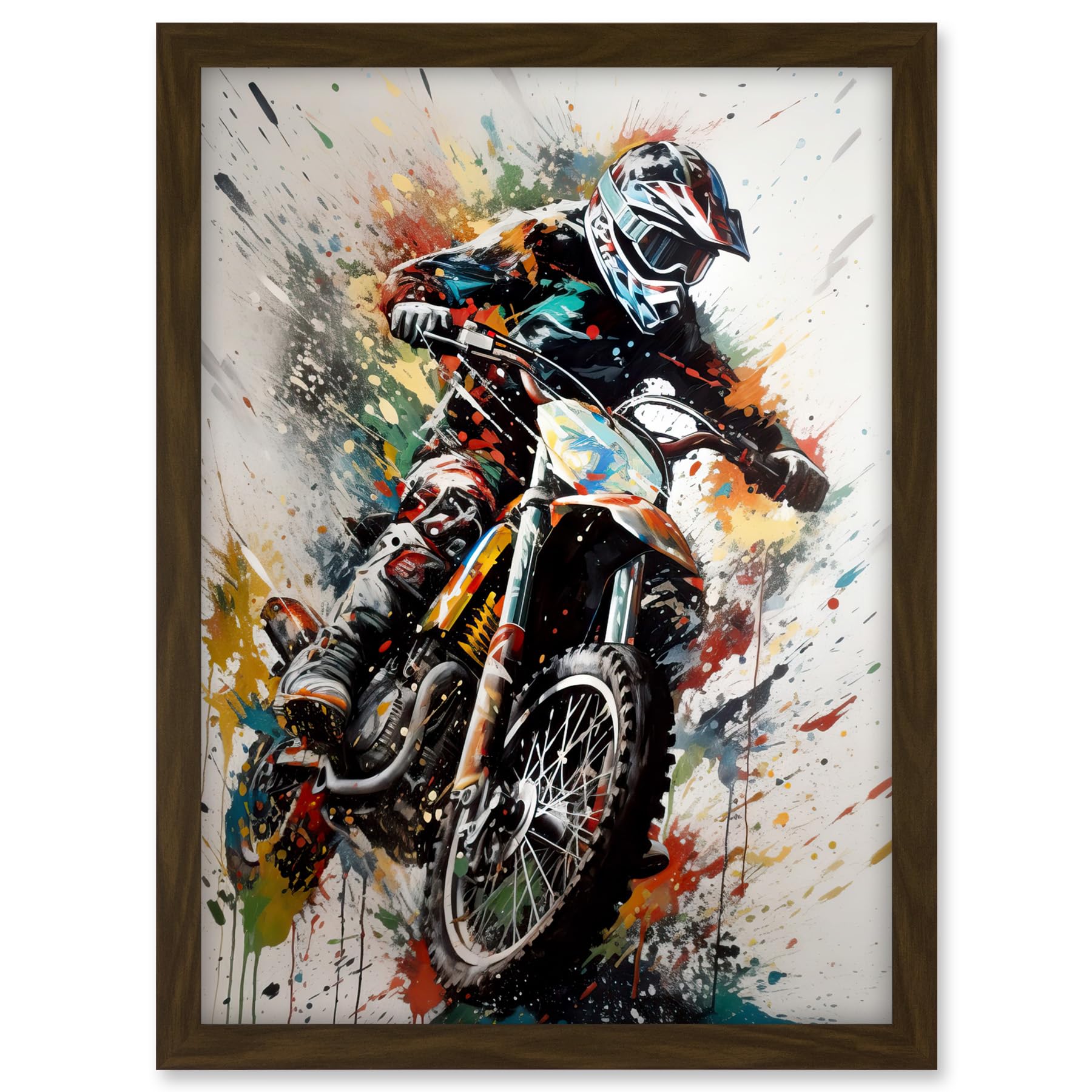 Artery8 Motocross Racer Paint Splat Action Shot Portrait Artwork Framed A3 Wall Art Print