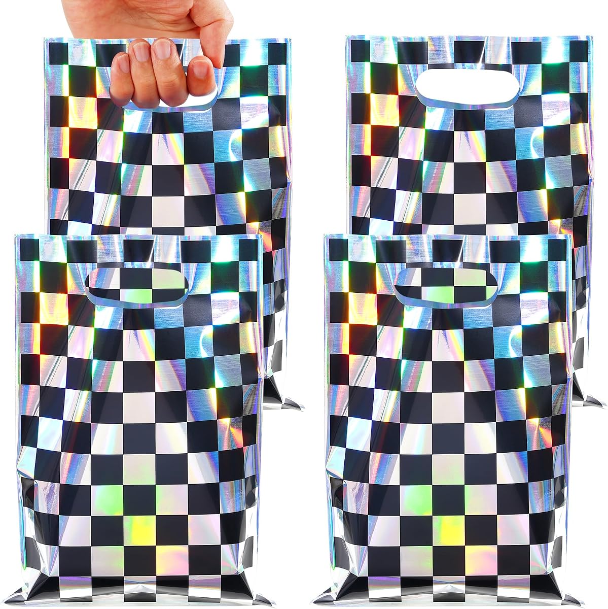 FunnyPars 50 Pcs Iridescent Checkered Race Car Party Favor Bags | Plastic Black and Iridescent Car Goodie Treat Bags, Racecar Plaid Gift Bags for Kids Fast Race Car Birthday Party Decorations