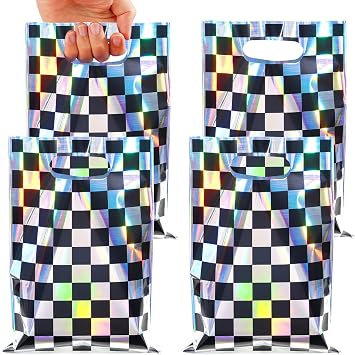 FunnyPars 30 Pcs Iridescent Checkered Race Car Party Favor Bags, Plastic Black and Iridescent Car Goodie Treat Bags, Racecar Laser Plaid Gift Bags for Kids Fast Race Car Birthday Party Decorations