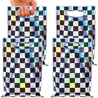 FunnyPars 50 Pcs Iridescent Checkered Race Car Party Favor Bags, Plastic Black and Iridescent Car Goodie Treat Bags, Racecar Laser Plaid Gift Bags for Kids Fast Race Car Birthday Party Decorations