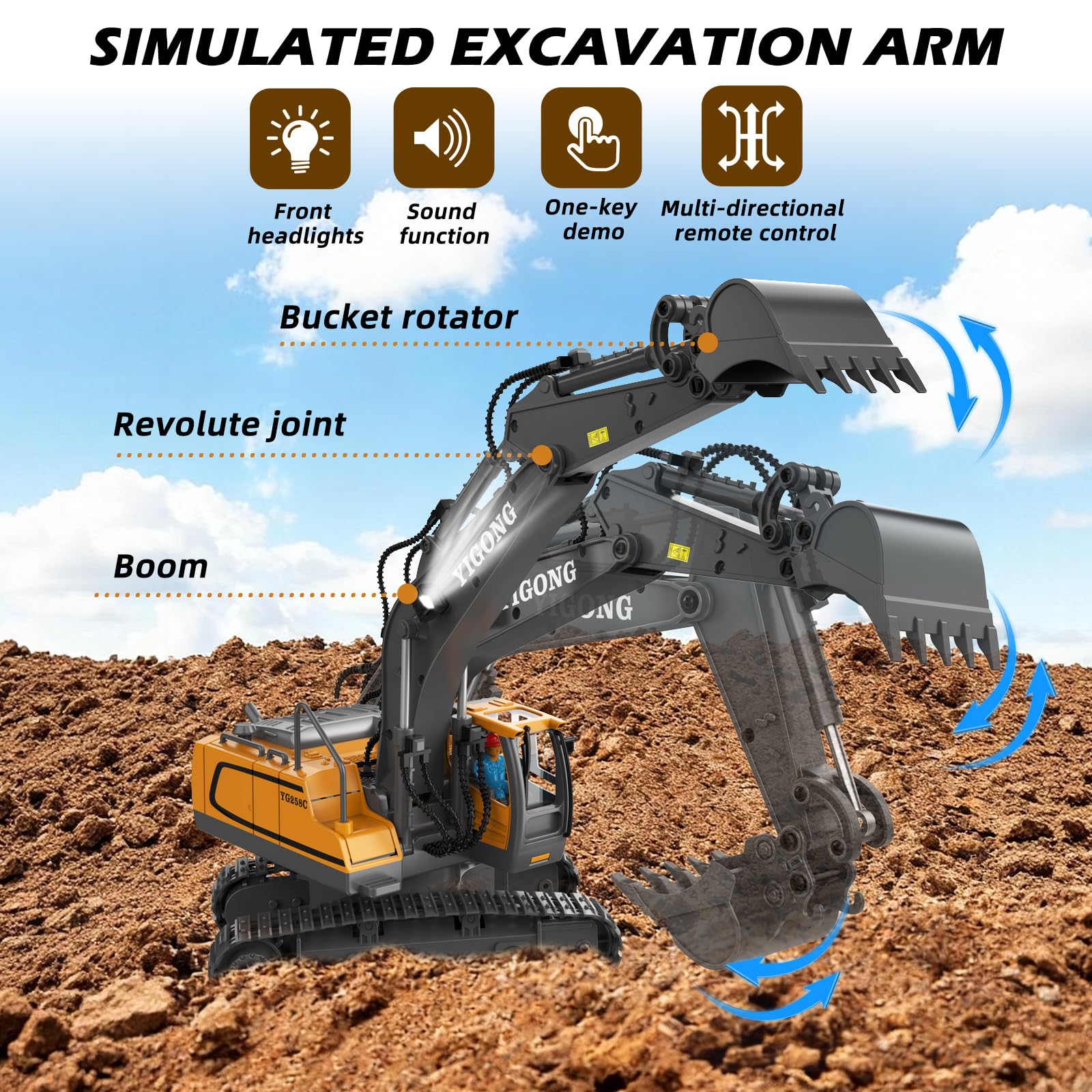 Remote Control Excavator Toy RC Play Excavator Construction Vehicles, 11CH 2.4Ghz RC Sand Digger with Metal Shovel & Light, Construction Truck Toys for Boys 3 4 5 6 7 8-12 Year Old Kids Birthday Gifts