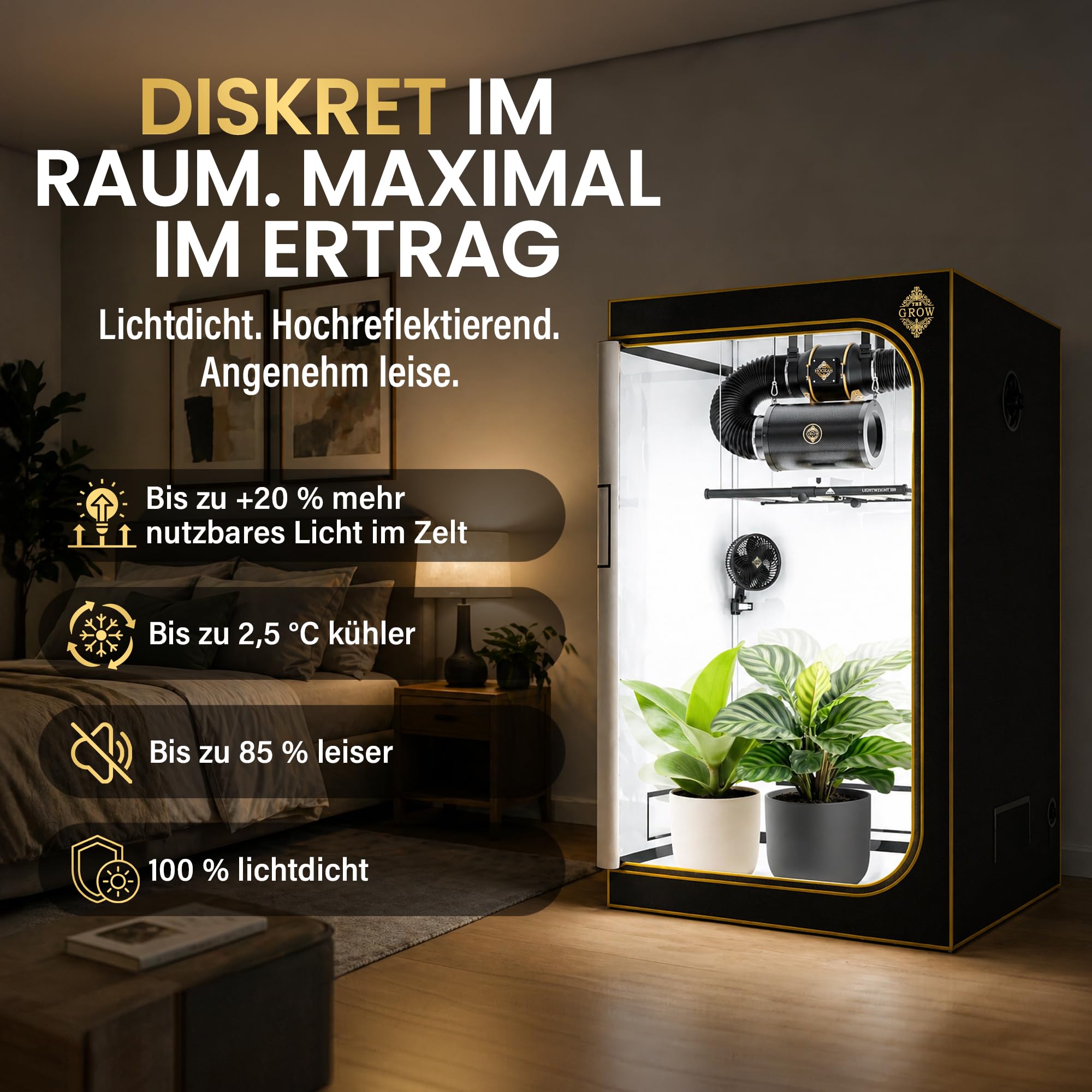 Edelweiss PRO Growzelt 100x100x200 cm, lichtdichtes Indoor-Grow-Zelt, PAR-White Innenfläche, 2000D Black-Armor, 16 mm Metallrahmen