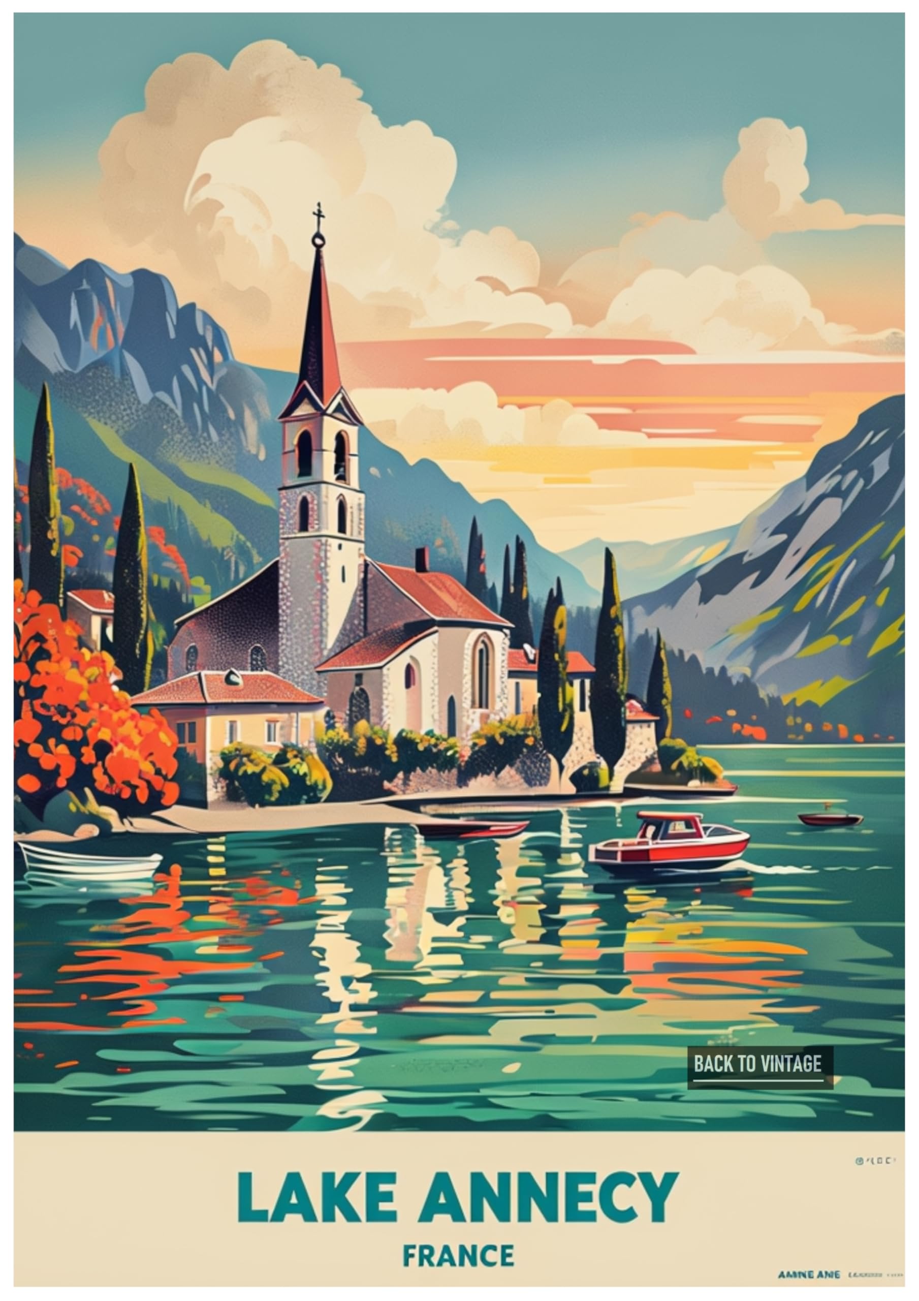 Vibrant Vintage Illustration Of Lake Annecy In France - Retro Europe Travel Poster A4 Size Vintage Wall Art Print of Famous European Destinations Ideal for Home or Office Decor
