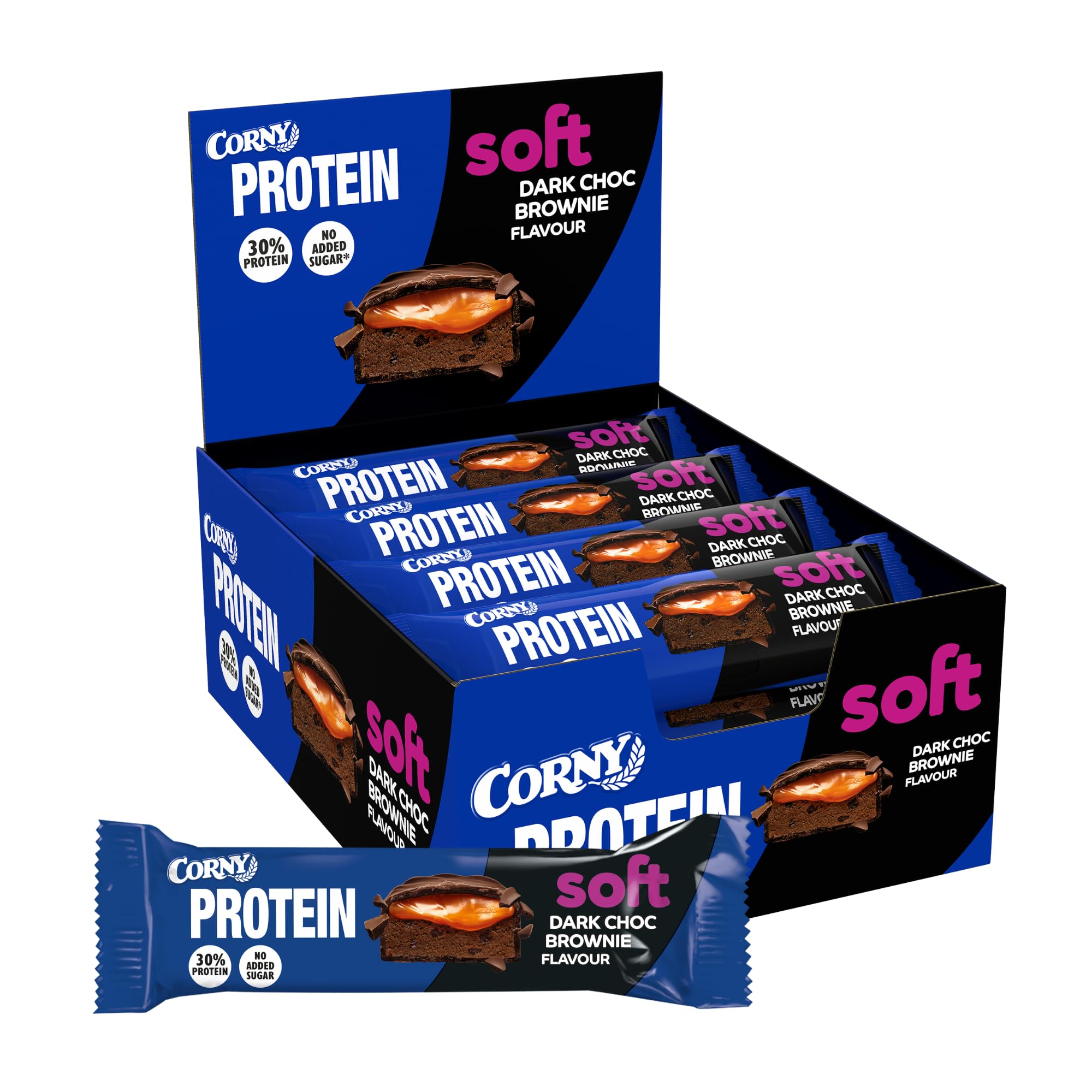 Barritas de Proteínas, Corny Protein,Soft Chocolate Negro con Brownie,13,5 gr de Proteínas, 0% Azúcares Añadidos, Ayudan al Desarrollo y Recuperación de la Masa Muscular, Pack 12x45g, Taste the Power