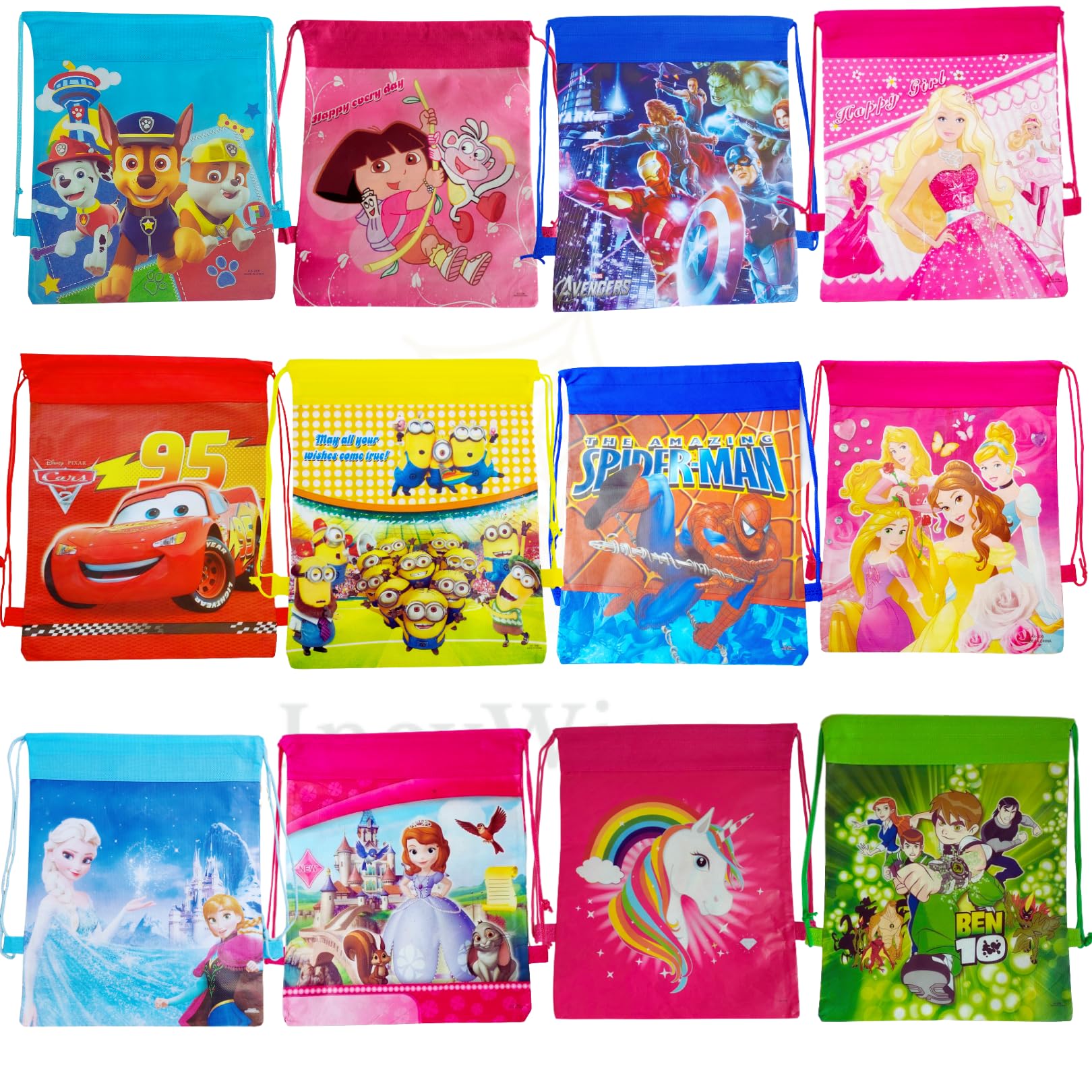 Mix Cartoon Drawstring Sack Bag Set of 12 - Birthday Return Gifts for Kids - Adorable Dori Sack Bags for Boys Girls - Kids Birthday Gifts (Set of 12)