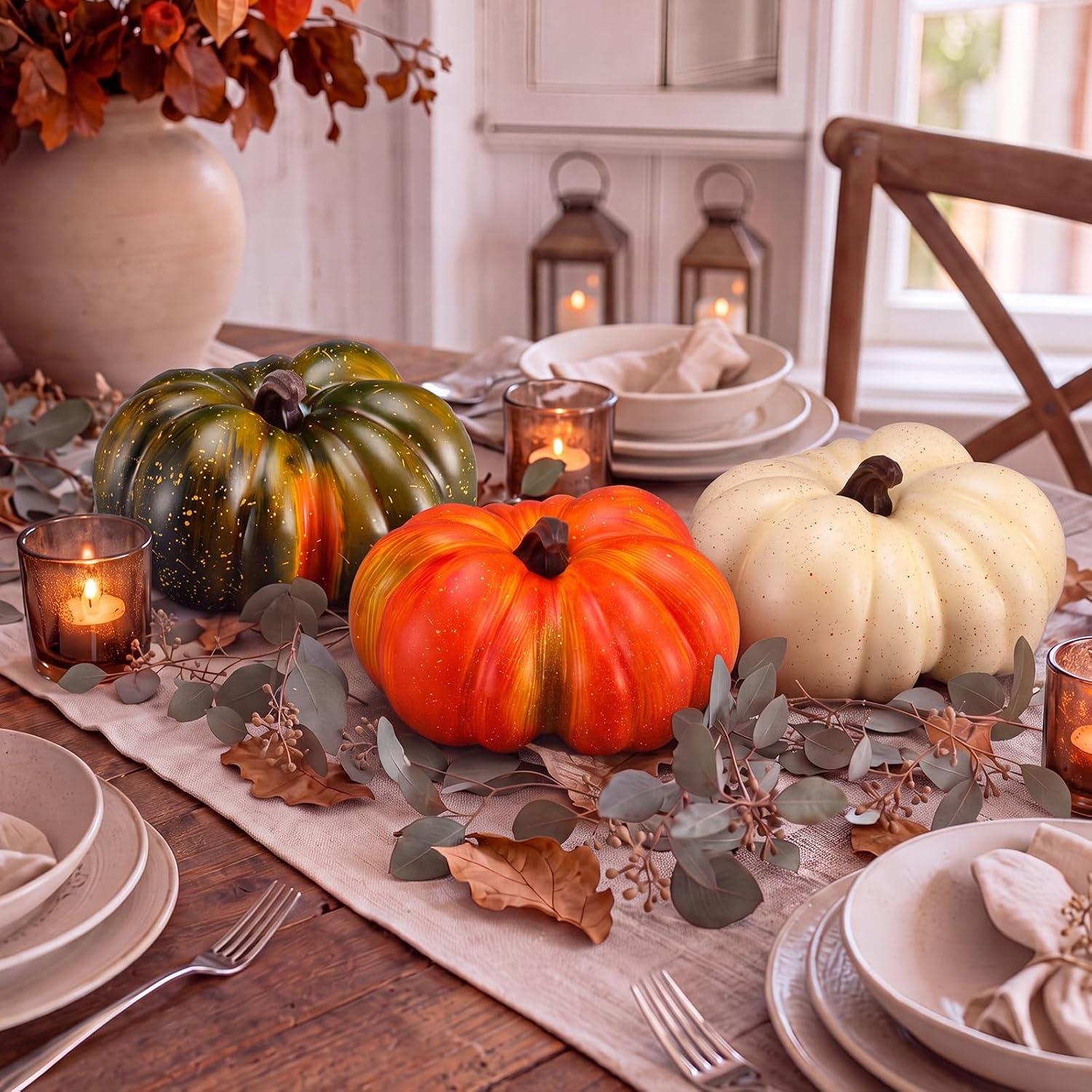 Thyle 3 Pcs Large 7" Artificial Pumpkin Decor 3D Faux Foam Harvest Pumpkins