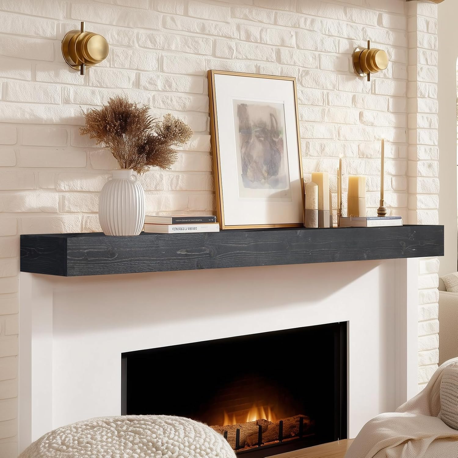 60x8x3 Fireplace Mantel - Handcrafted Hollow Rustic Solid Wood Wall Mounted Floating Shelf with Invisible Heavy Duty Wood Bracket (Weathered Black)