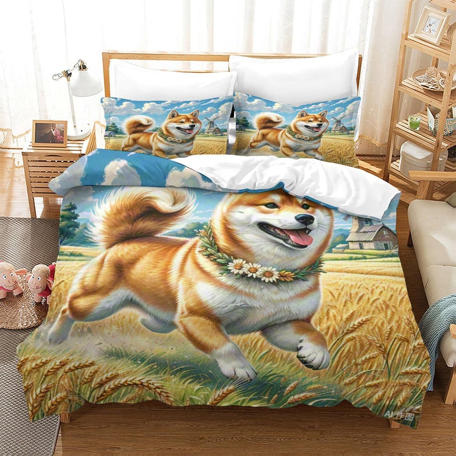 Housse de couette Shiba Inu 140x200 cm avec taie d'oreiller en microfibre pour lit enfant