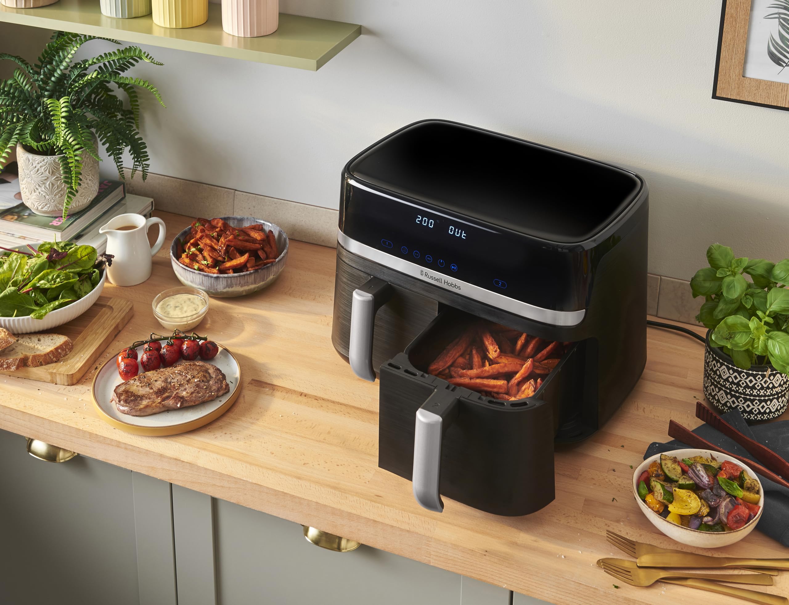 Russell Hobbs Heißluftfritteuse 2 Kammern 9L Rapid AirFryer [2 Fächer je 4,5l, sehr leiser Betrieb, 9 Programme] SatisFry Fritteuse (spülmaschinenfest, Match & Synchronisierungsfunktion) 27681-56