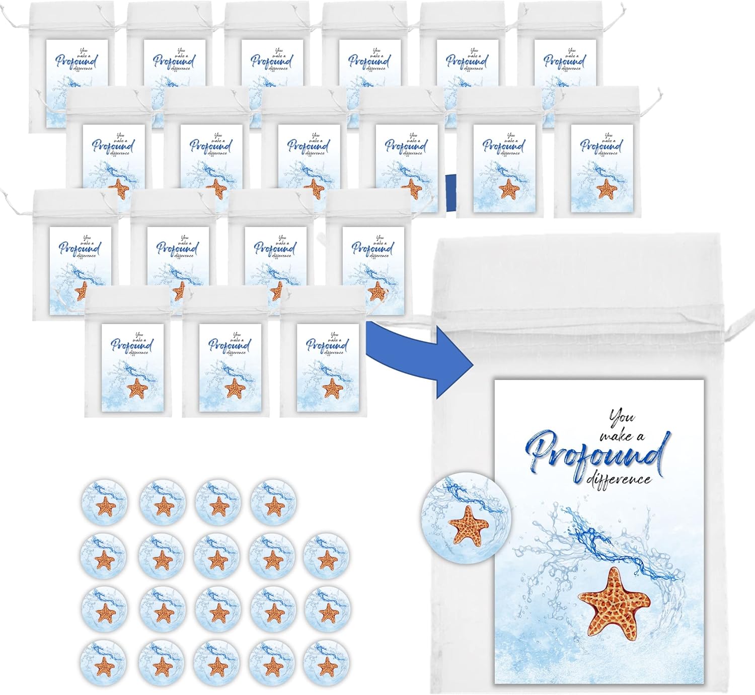Smiling Wisdom - 20 Bulk Starfish Story Gifts - You Make a Profound Difference Appreciation Cards & Round Domed Magnet - Employees Staff Team Volunteers Teachers - Splash Magnets