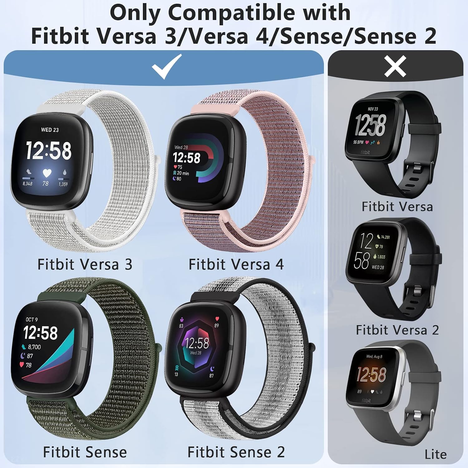 Bcuckood Nylon Loop Compatible with Fitbit Sense 2/Fitbit Sense/Fitbit Versa 4/Fitbit Versa 3 Bands, Women Men Soft Nylon Adjustable Breathable Strap Solo Loop Replacement Wristband image 2