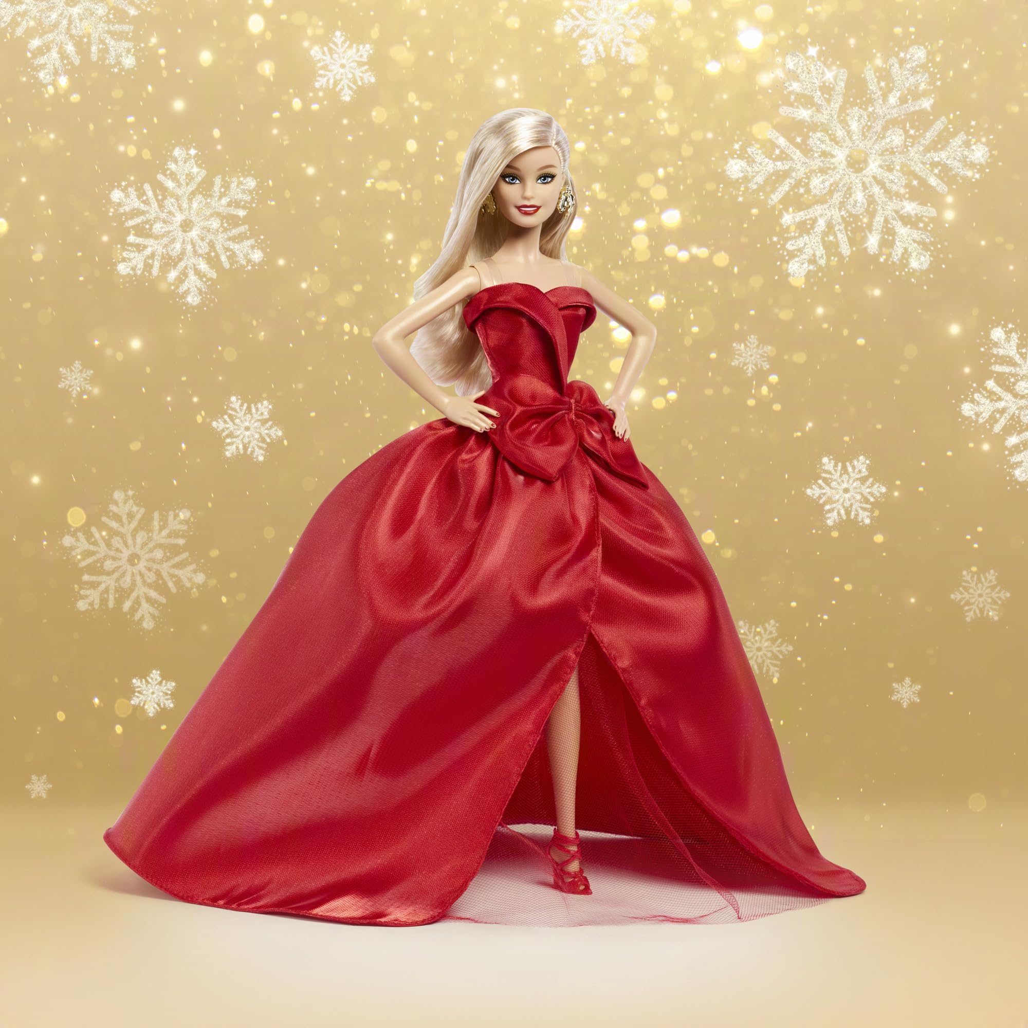 Barbie Signature Puppe, 2026 Holiday, Blonde Modepuppe | mit Schleifenkleid in Rot, saisonale Sammlerpuppe in einer Verpackung zum Ausstellen und mit Puppenständer, JJX70