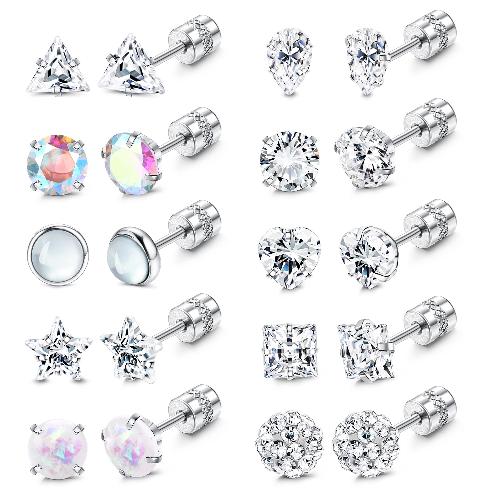 Subiceto 10 Pairs Stainless Steel Cubic Zirconia Stud Earrings Set for Women Men Screw Back Earrings Opal Round Square Heart Star Pear Ball Shaped Faux Diamond Earrings Cz Hypoallergenic Screwback Earrings Piercing Jewelry 20G