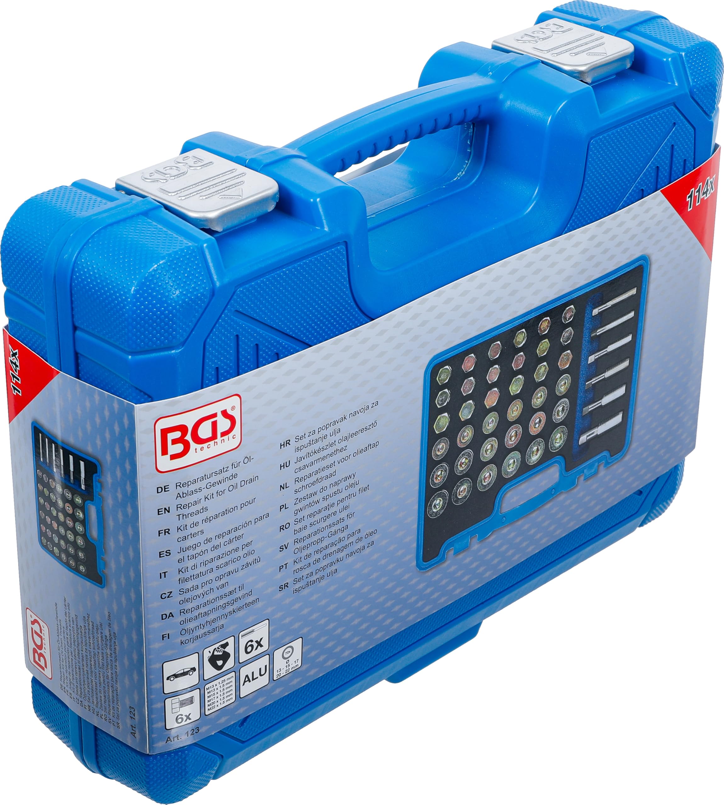 BGS 123 | Reparatursatz für Öl-Ablass-Gewinde | 114-tlg. | 6 Gewindebohrer | 6 Ölablassschrauben | 72 Alu-Dichtringe Ø 13, 15, 17, 20, 22 mm | Chrom-Molybdän-Stahl