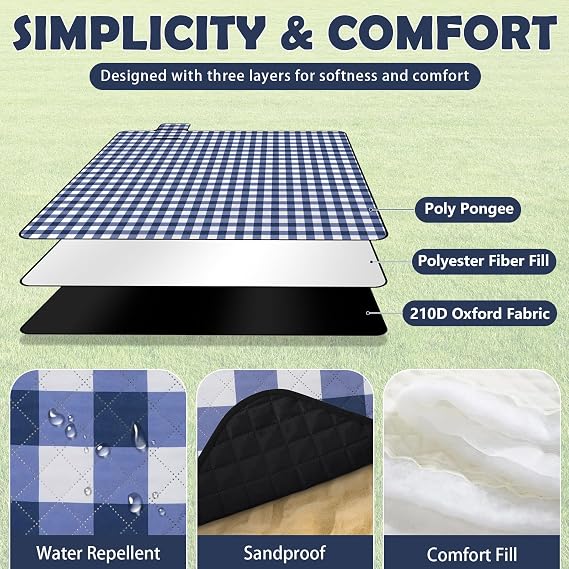 Picnic Blanket Waterproof, 200x200cm Beach Camping Outdoor Mat | Extra Large Picnic Blankets, Washable Foldable Park Mat with Sandproof Backing for Grass Lawn Park, Travel, Concerts, Blue