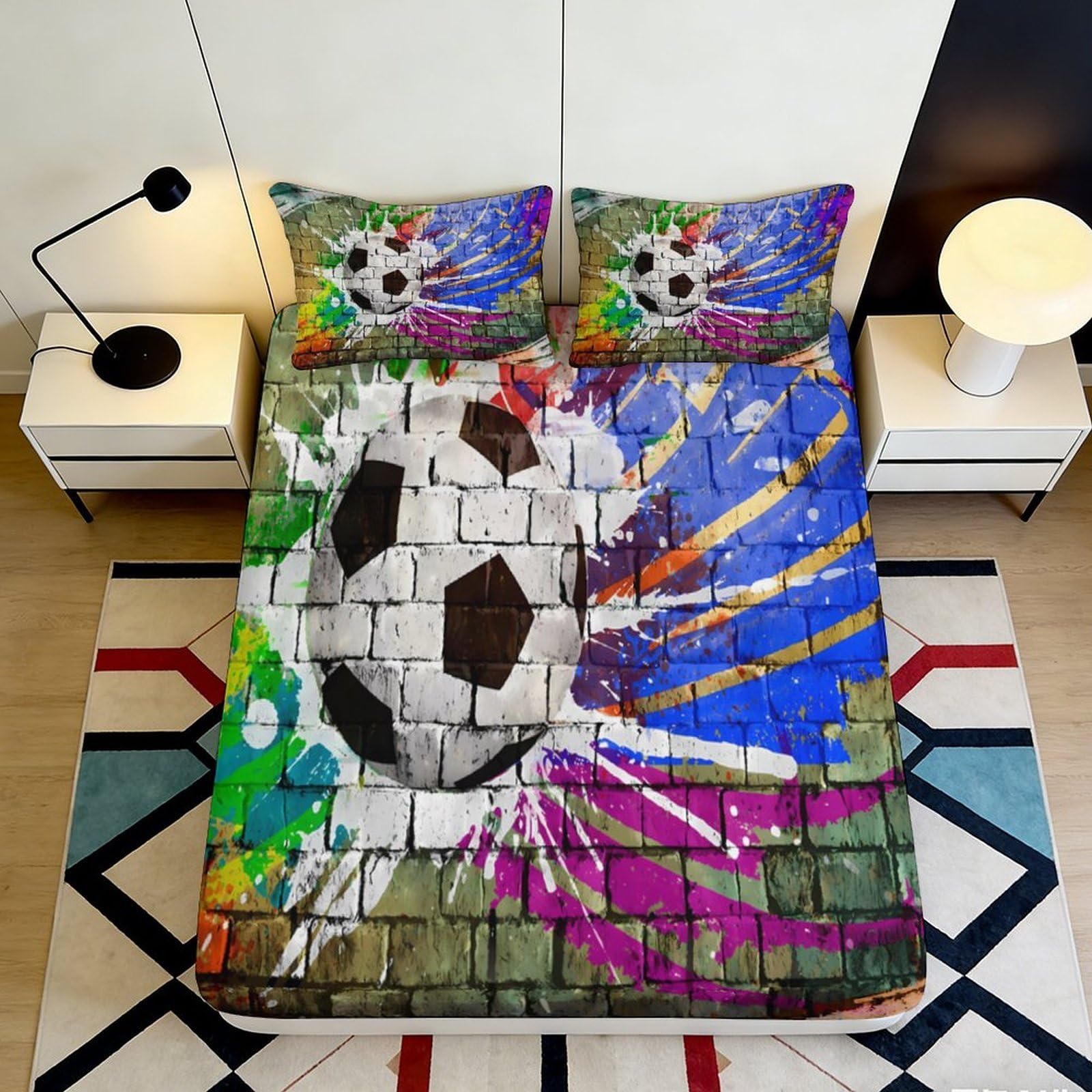 3D Printed Graffiti Soccer Ball Fitted Sheet Microfiber Vibrant Colors Bed Cover for Bedroom Dorm Protection Decor 90x200x25cm