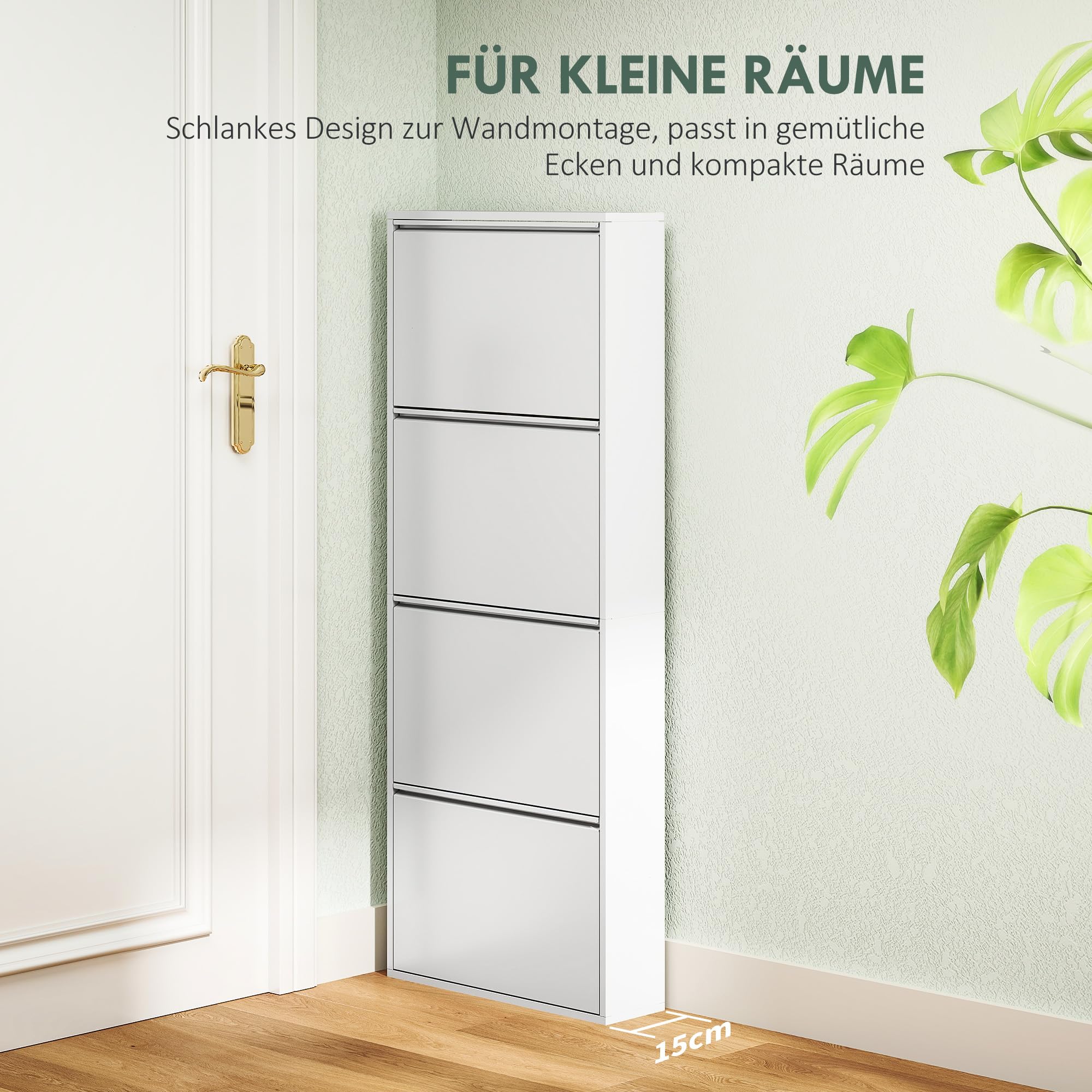 HOMCOM Schuhschrank Metall mit 4 Klappen Schuhkipper Schmal Schuhkommode Schuhregal Schuhablage Wandmontage für 8 Paar Schuhe 55 x 15 x 139,5 cm Weiß