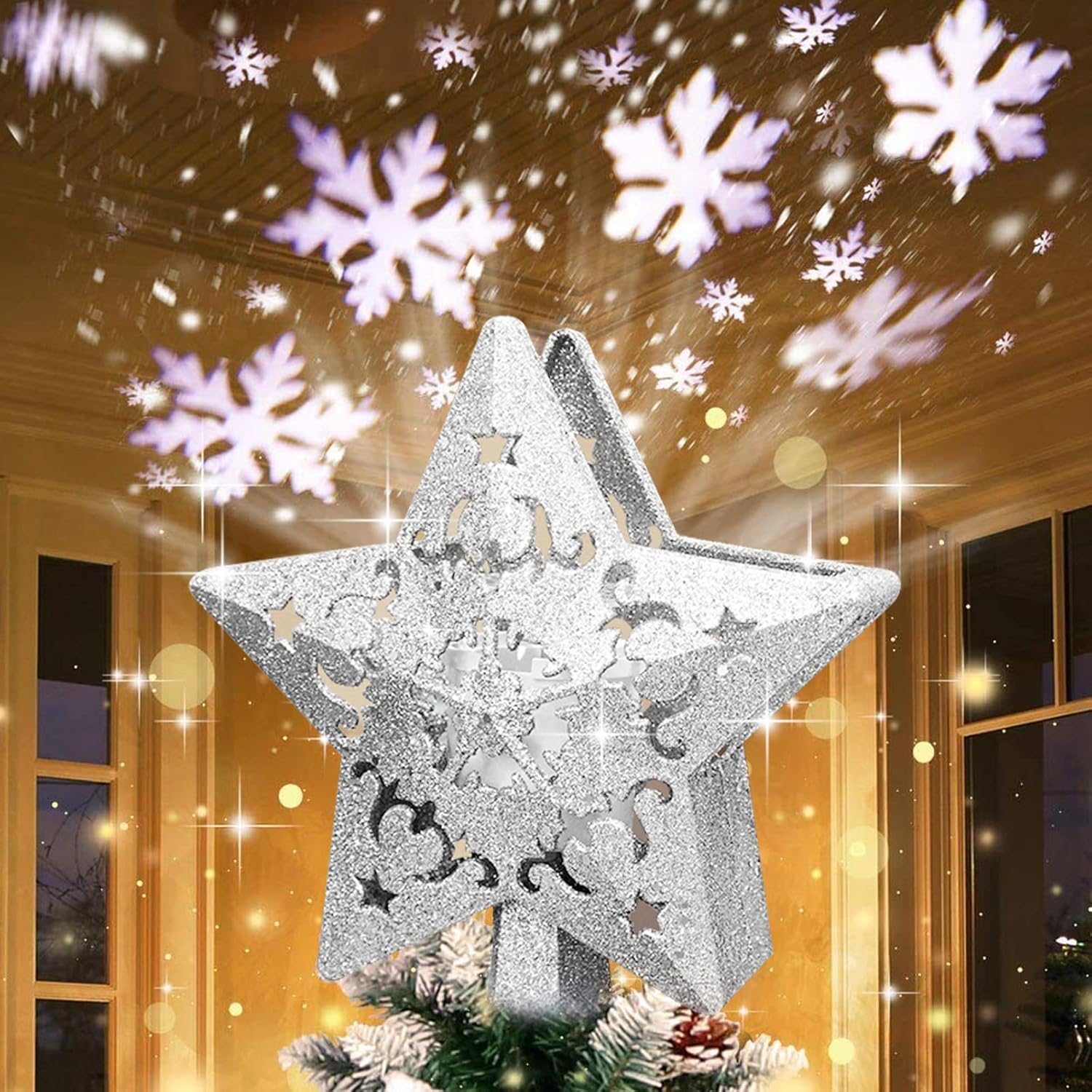Amazon.co.jp クリスマススターツリートッパー 回転スノーフレークLEDプロジェクター 3D中空グリッターライト付きシルバースノー