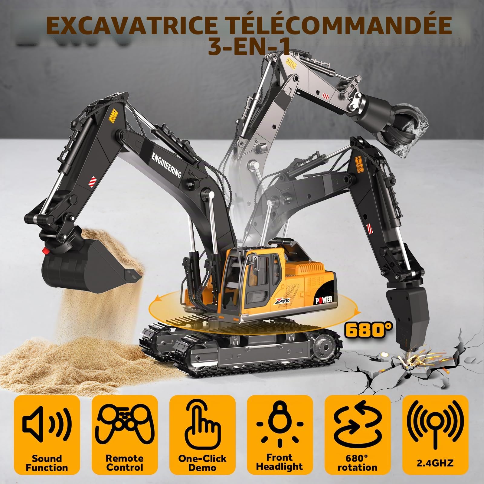 GraceDuck Pelleteuse Télécommandée 3-en-1, 2,4 GHz avec Fonctions Son & Lumière - Rotation 680° et 3 Accessoires Interchangeables, Convient à Divers terrains, Jouet idéal pour Les Enfants de 6-12 Ans